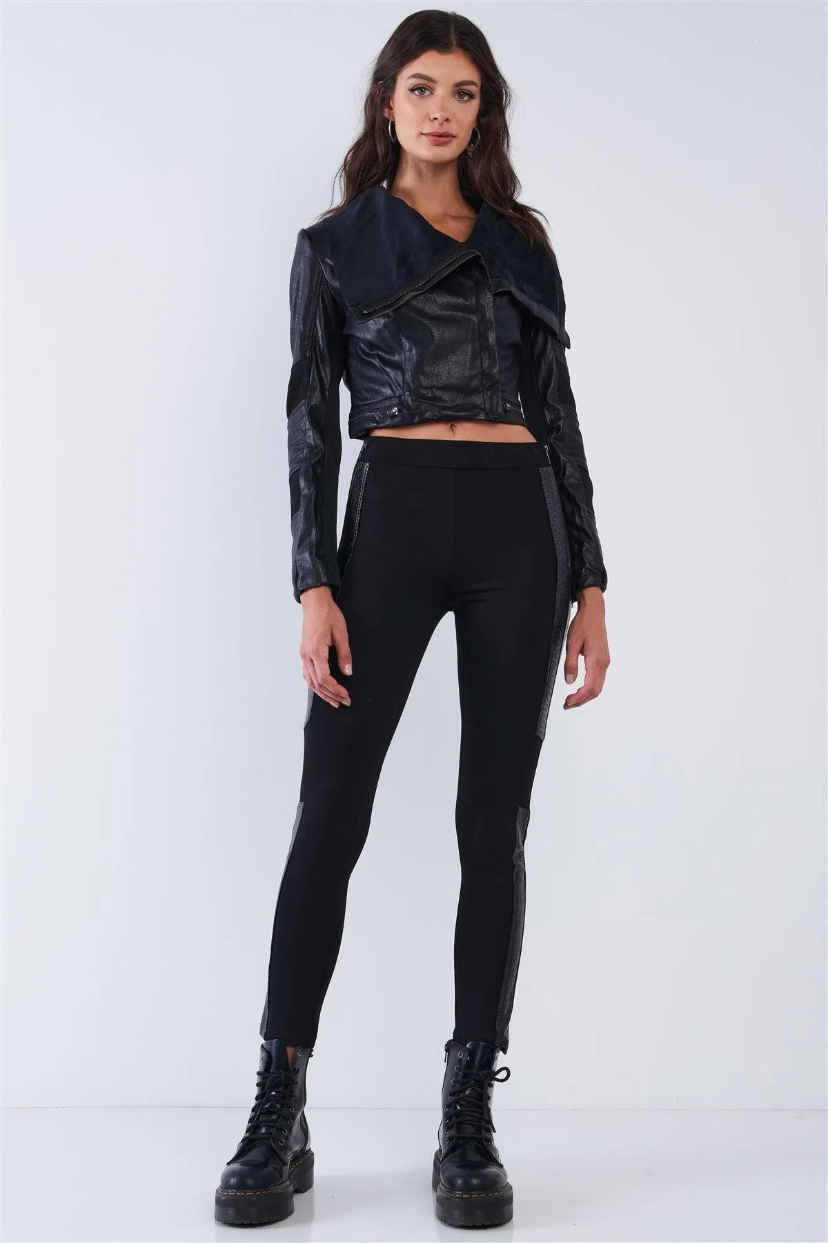 Black High Waist Vegan Leather Leggings with Python Print & Zipper Trim – Slim Fit