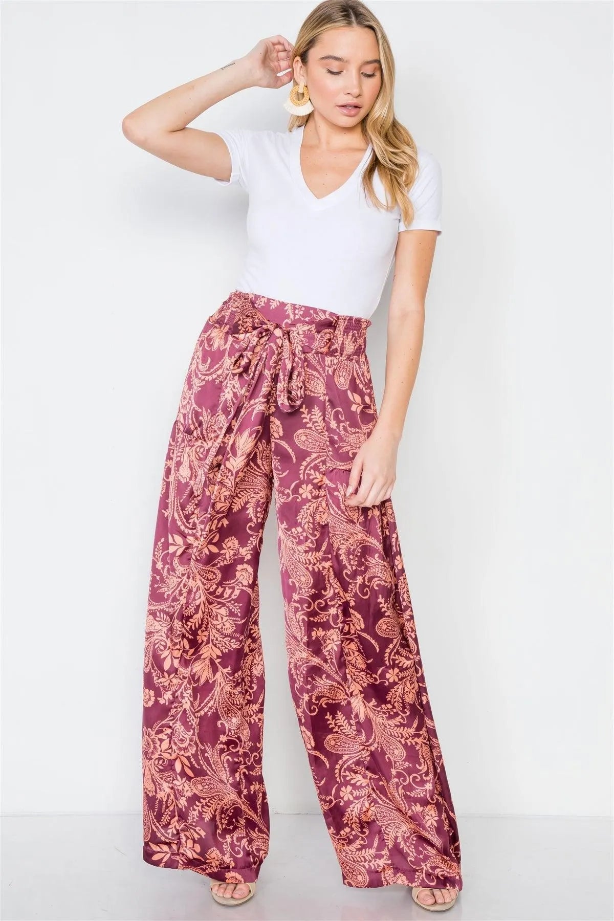 Blush Floral Paisley Print High-Waist Wide Leg Pant