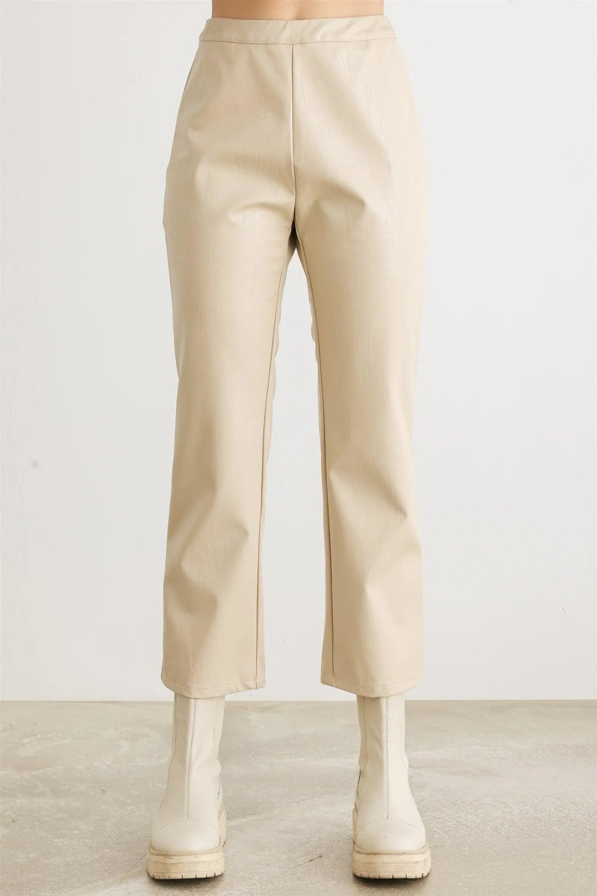 Cream Faux Leather High Waist Pants – Modern Chic Look