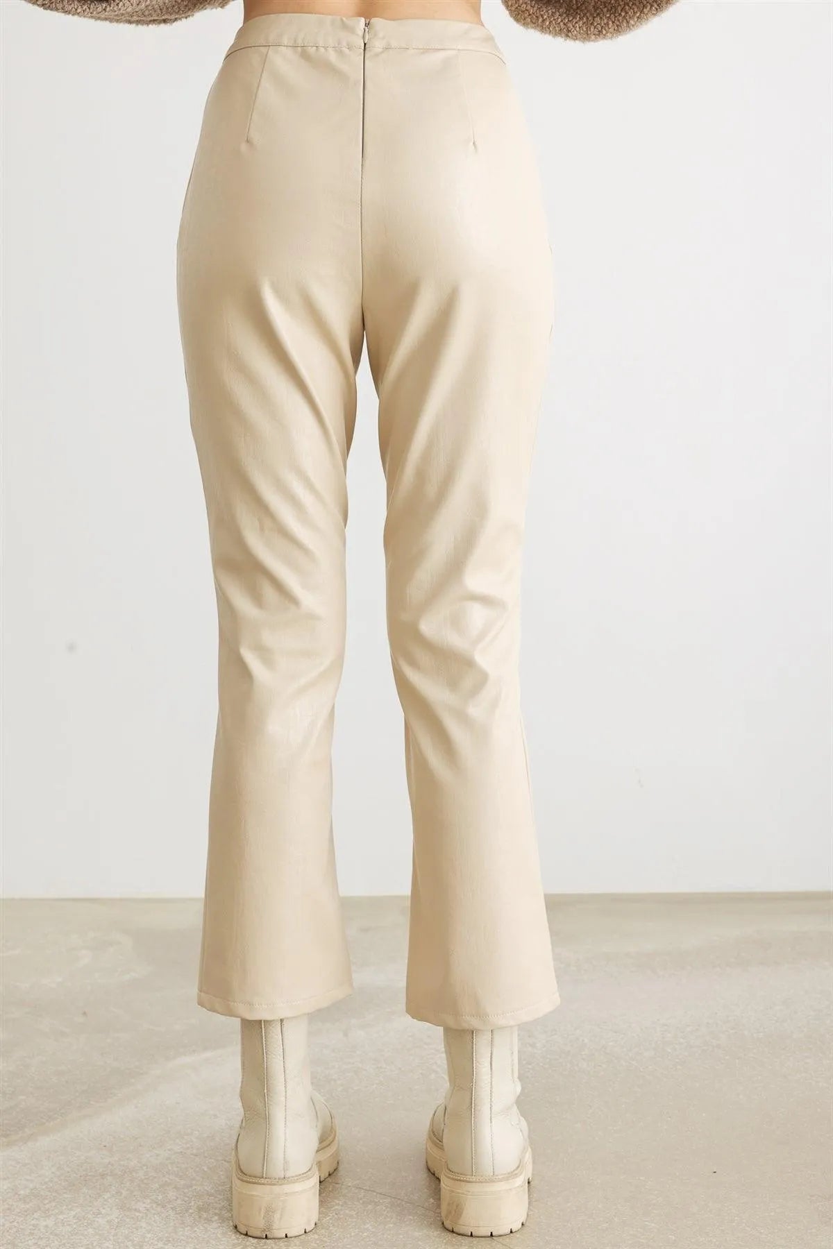 Cream Faux Leather High Waist Pants – Modern Chic Look
