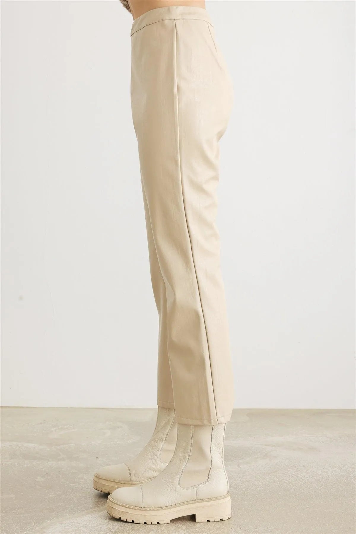 Cream Faux Leather High Waist Pants – Modern Chic Look
