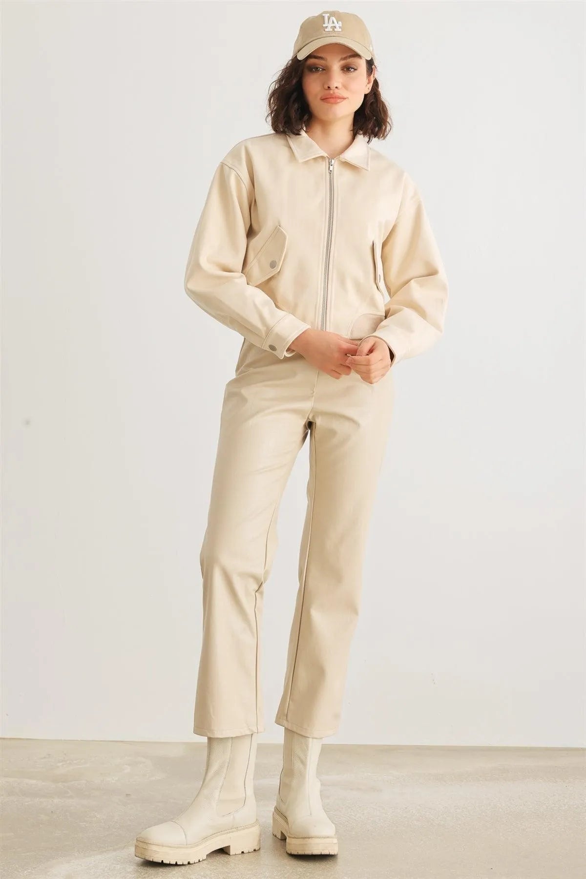 Cream Faux Leather High Waist Pants – Modern Chic Look