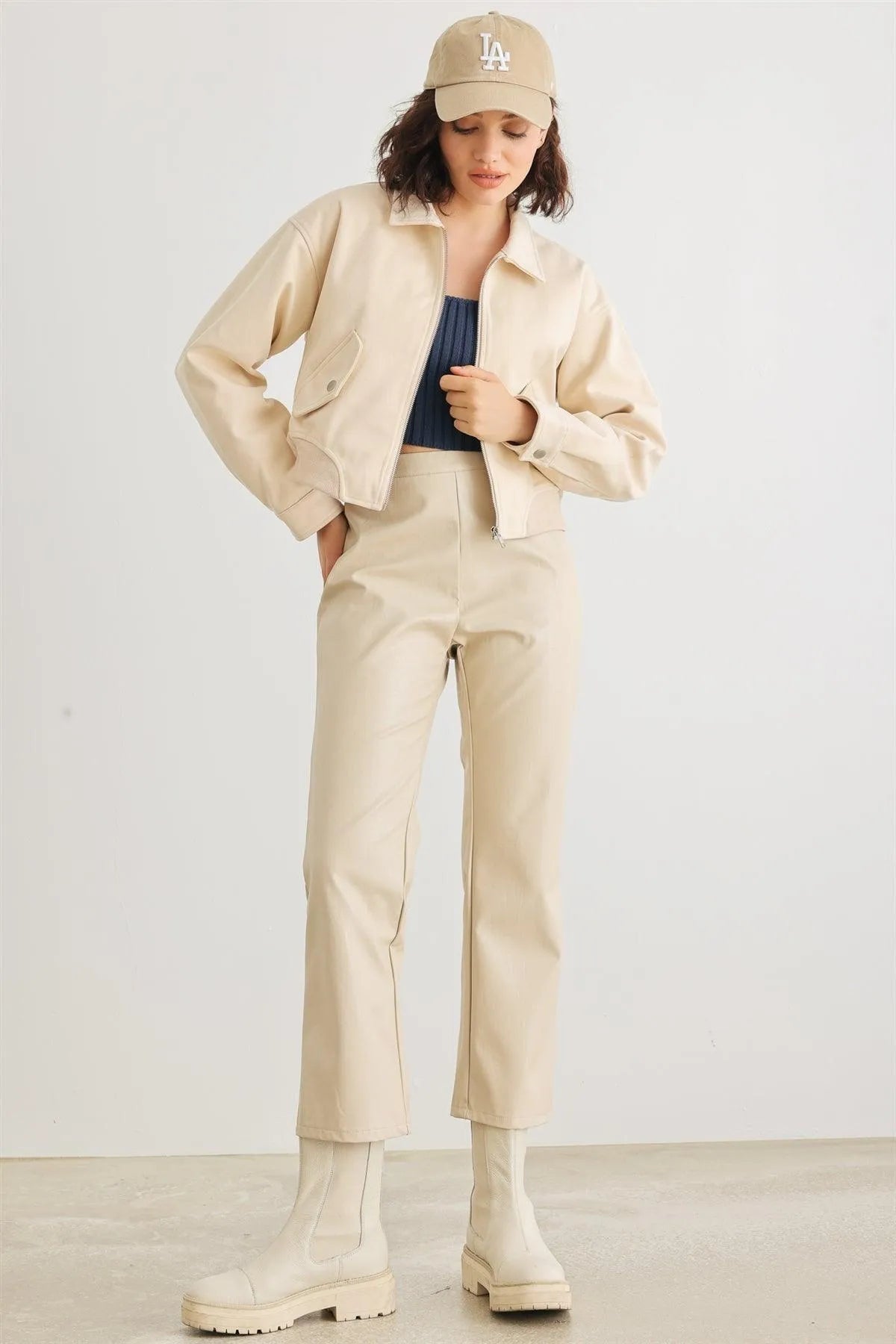 Cream Faux Leather High Waist Pants – Modern Chic Look