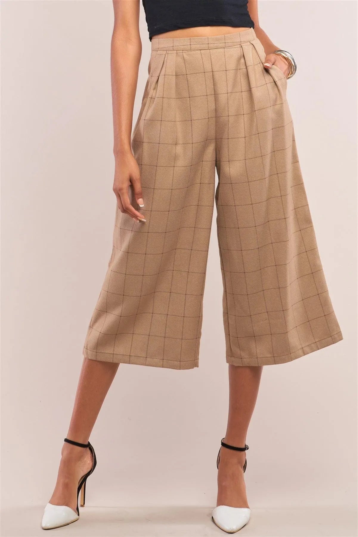 Camel Plaid High Waist Wide Leg Pants with Pleated Detail – Classic Retro Style