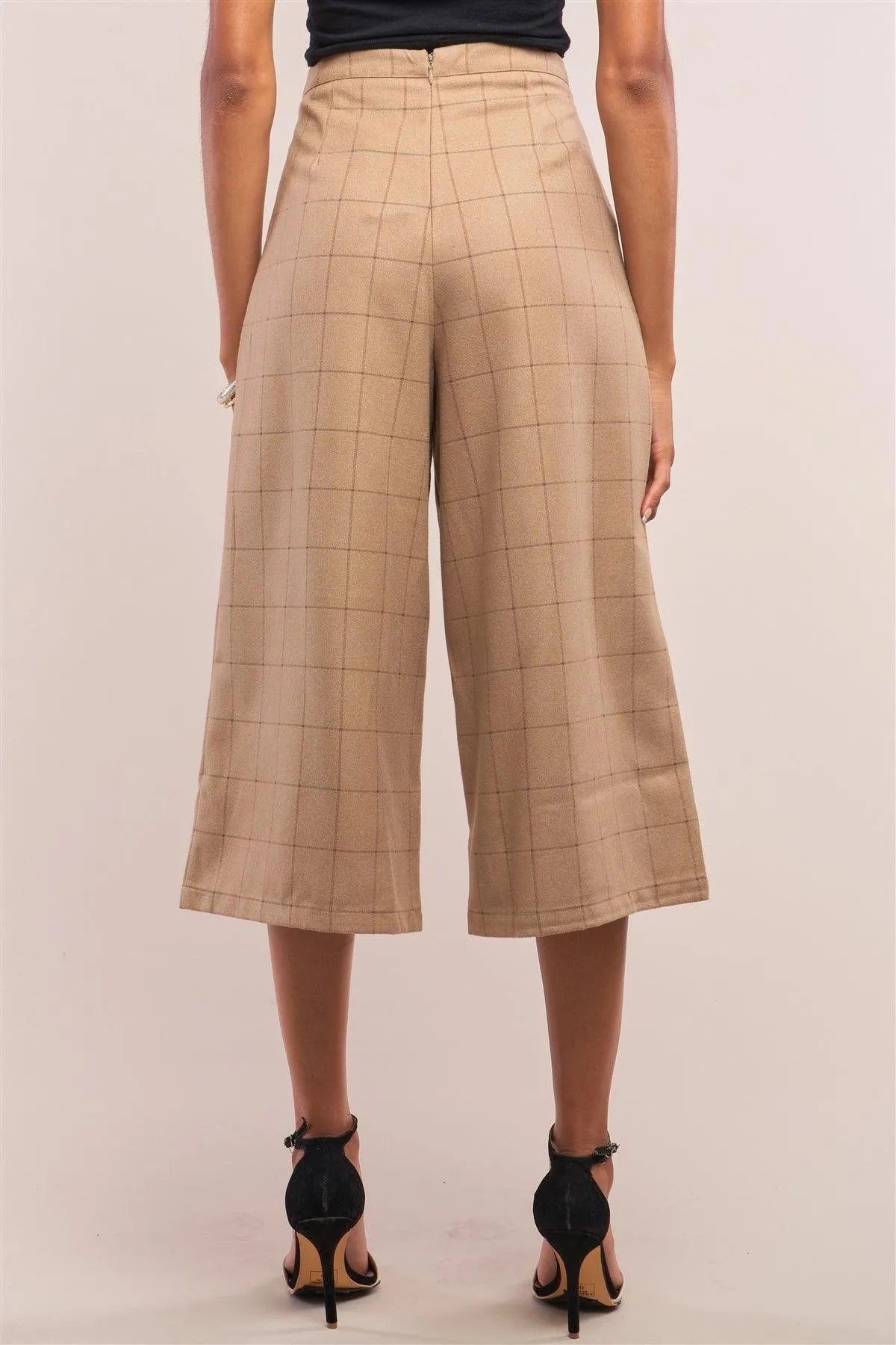 Camel Plaid High Waist Wide Leg Pants with Pleated Detail – Classic Retro Style