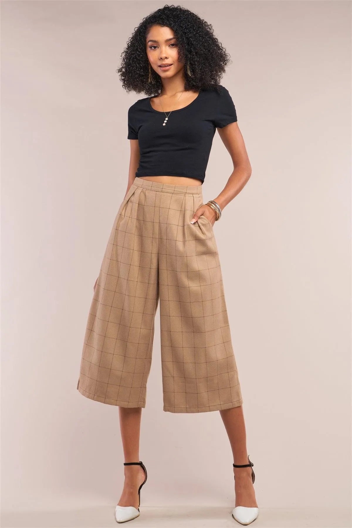 Camel Plaid High Waist Wide Leg Pants with Pleated Detail – Classic Retro Style