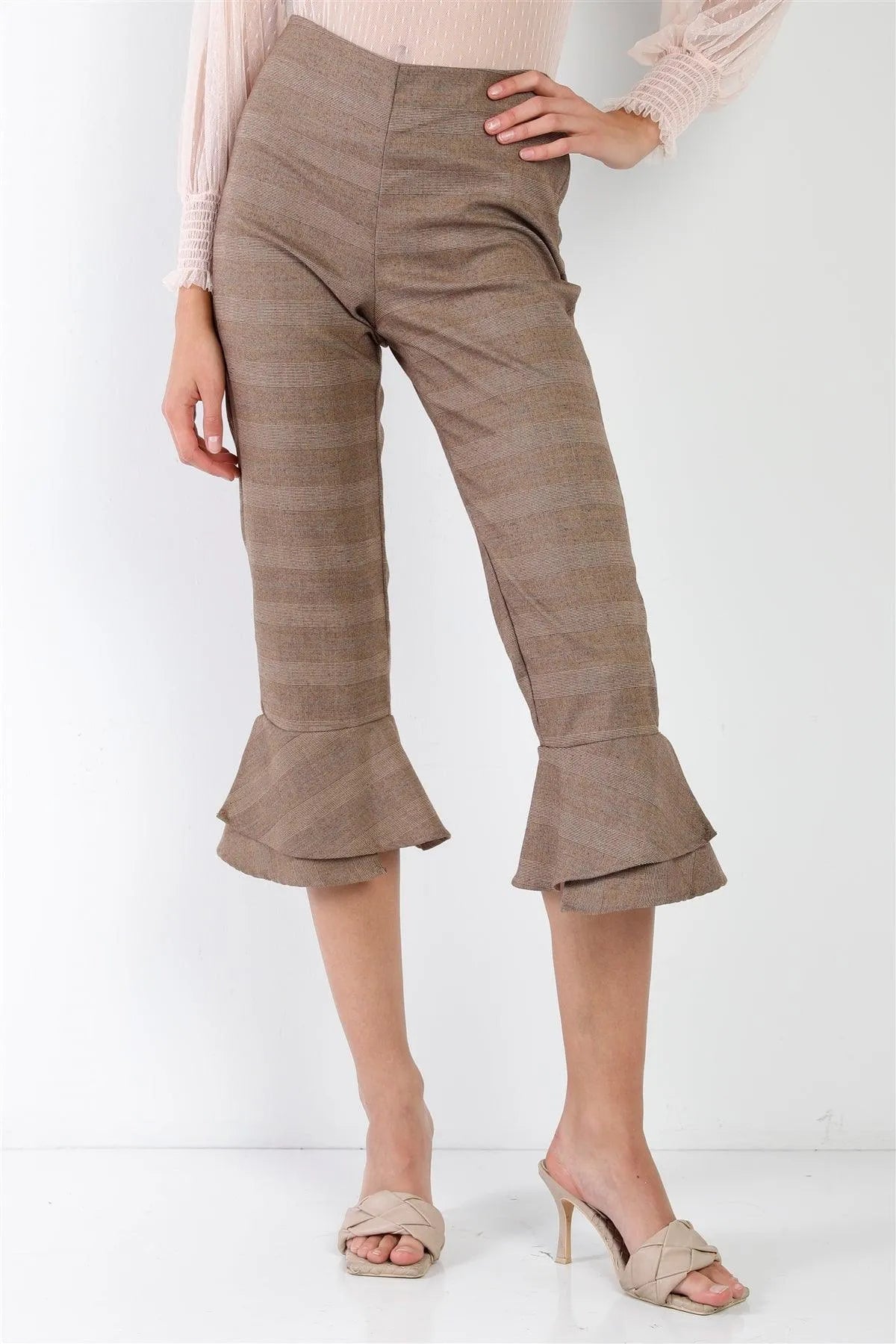 Brown Checkered High Waist Capri Pants – Vintage Retro Design