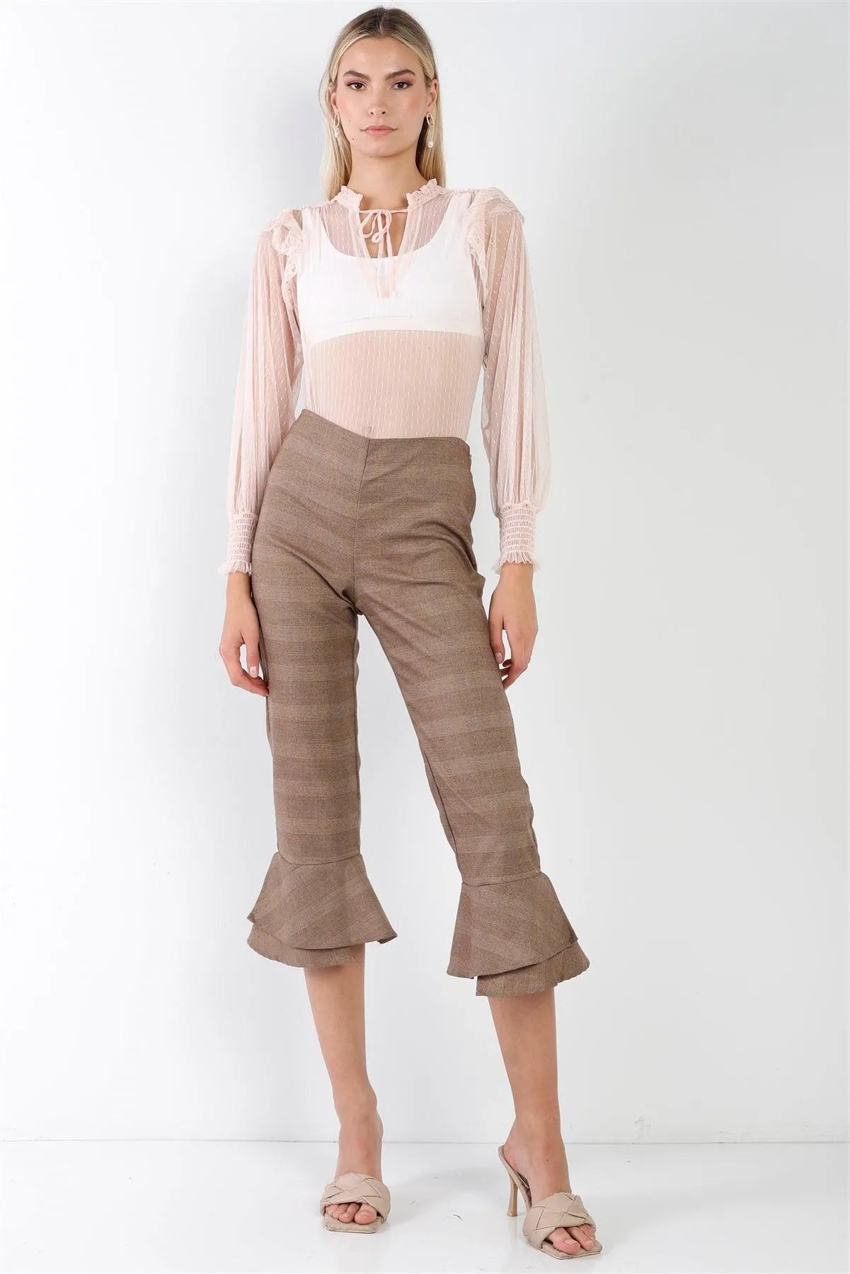 Brown Checkered High Waist Capri Pants – Vintage Retro Design