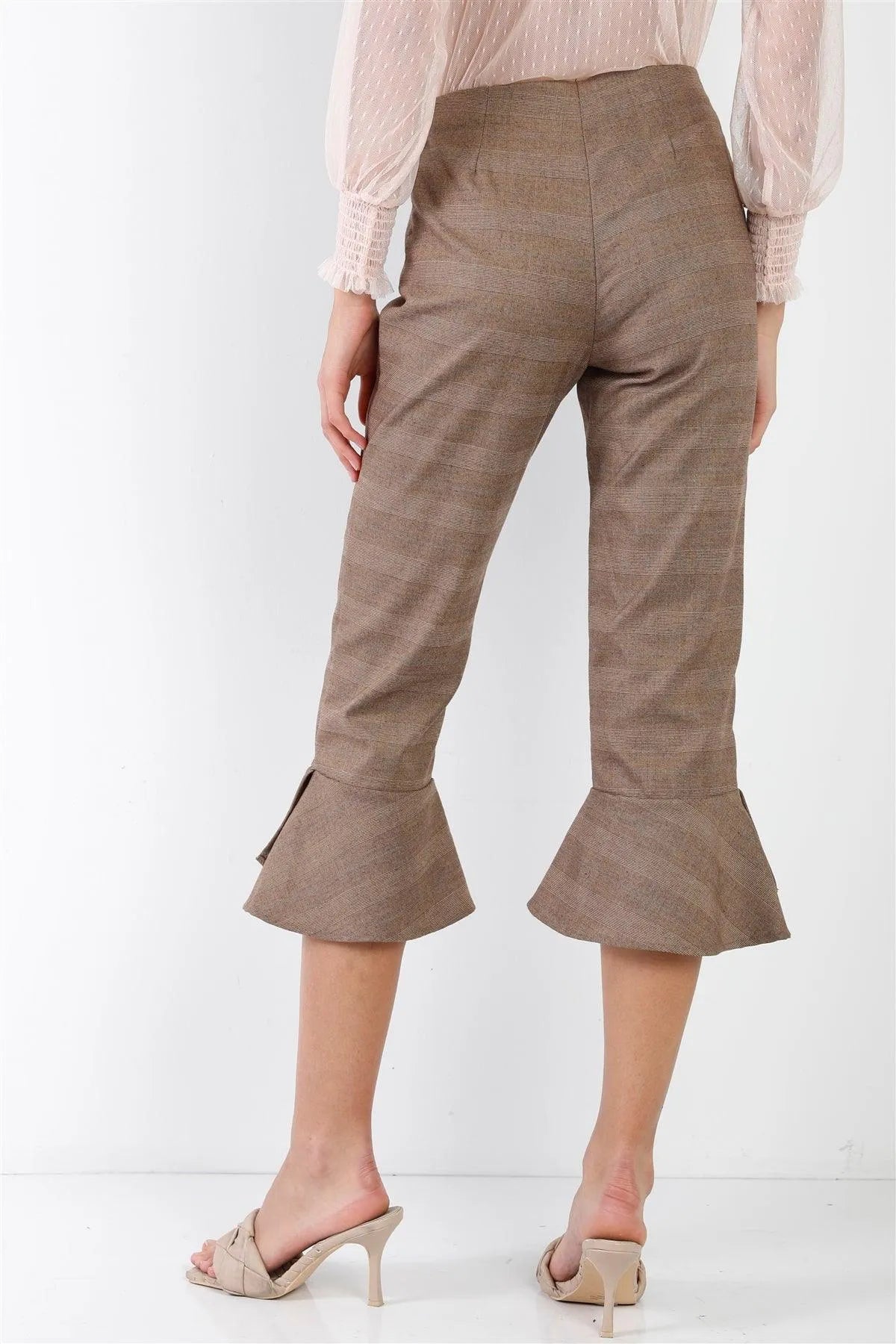 Brown Checkered High Waist Capri Pants – Vintage Retro Design