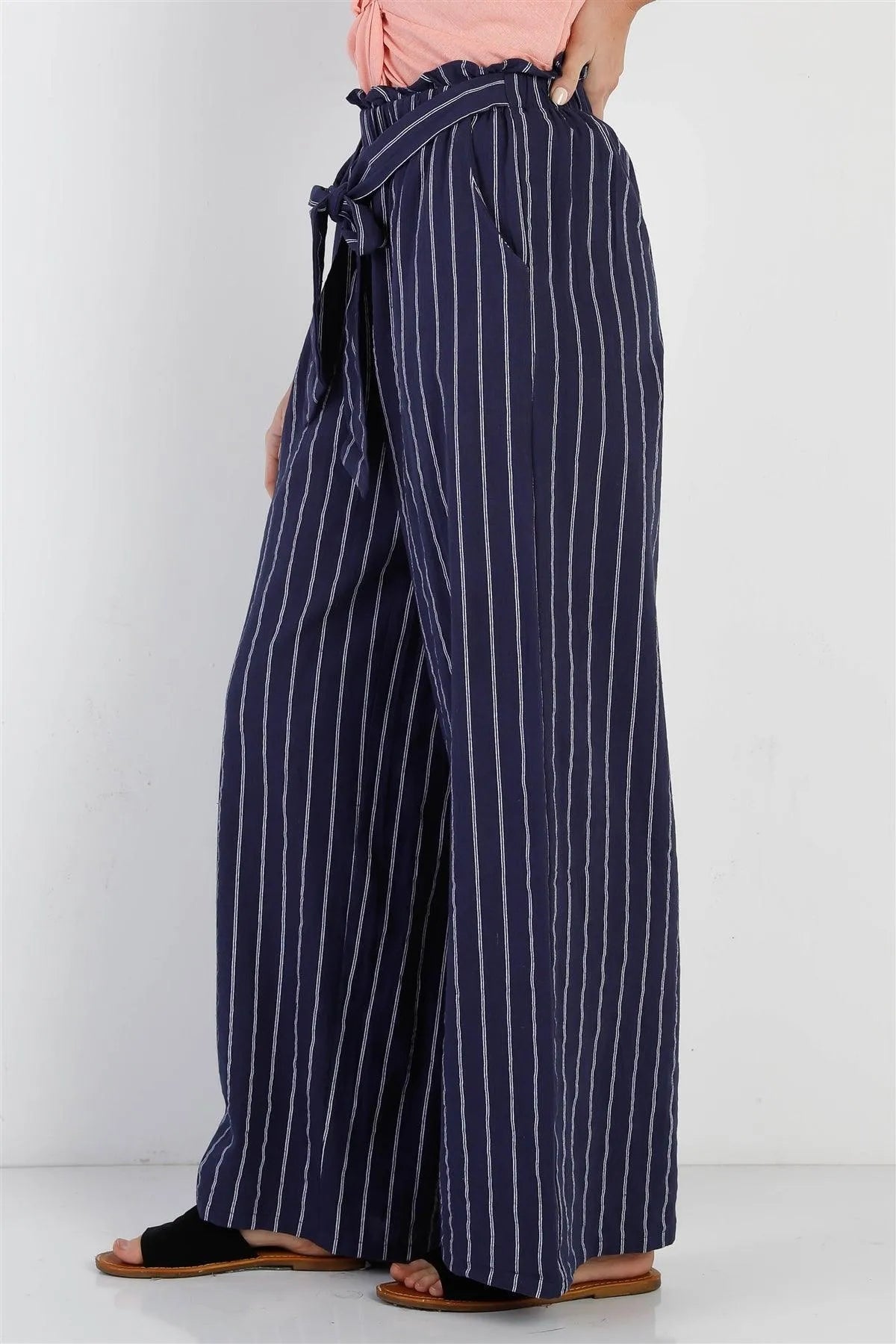 Navy & White Stripe Cotton Wide Leg Pants with Self Tie Belt – Casual Classic
