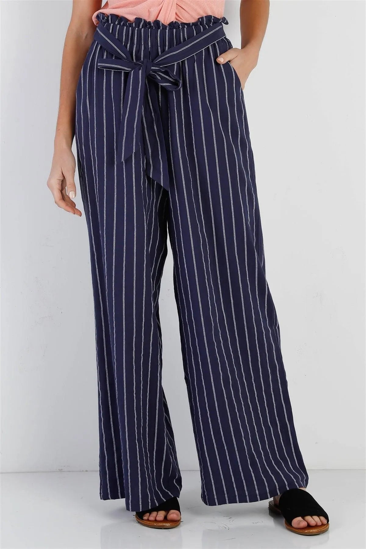 Navy & White Stripe Cotton Wide Leg Pants with Self Tie Belt – Casual Classic
