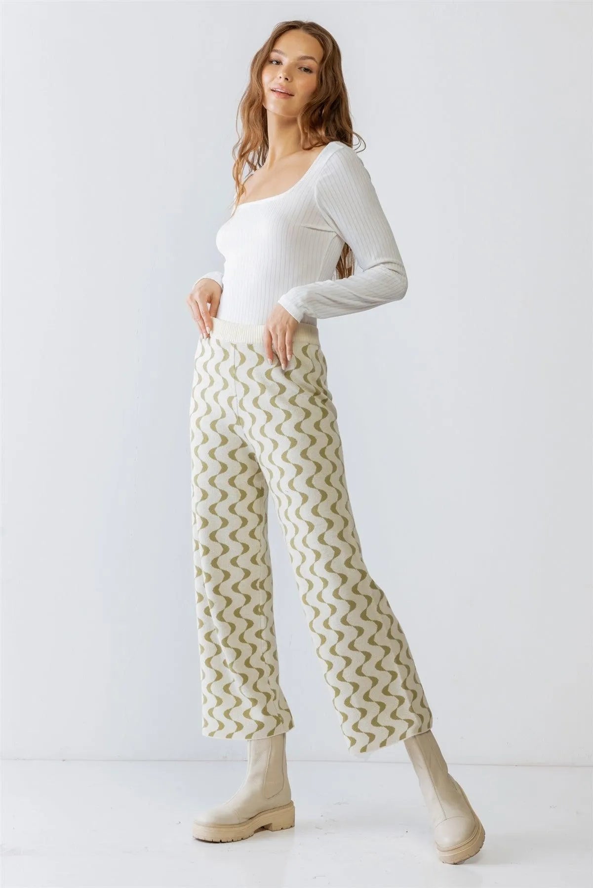 Cream & Green Wavy Line Print Knit High Waist Wide Leg Pants