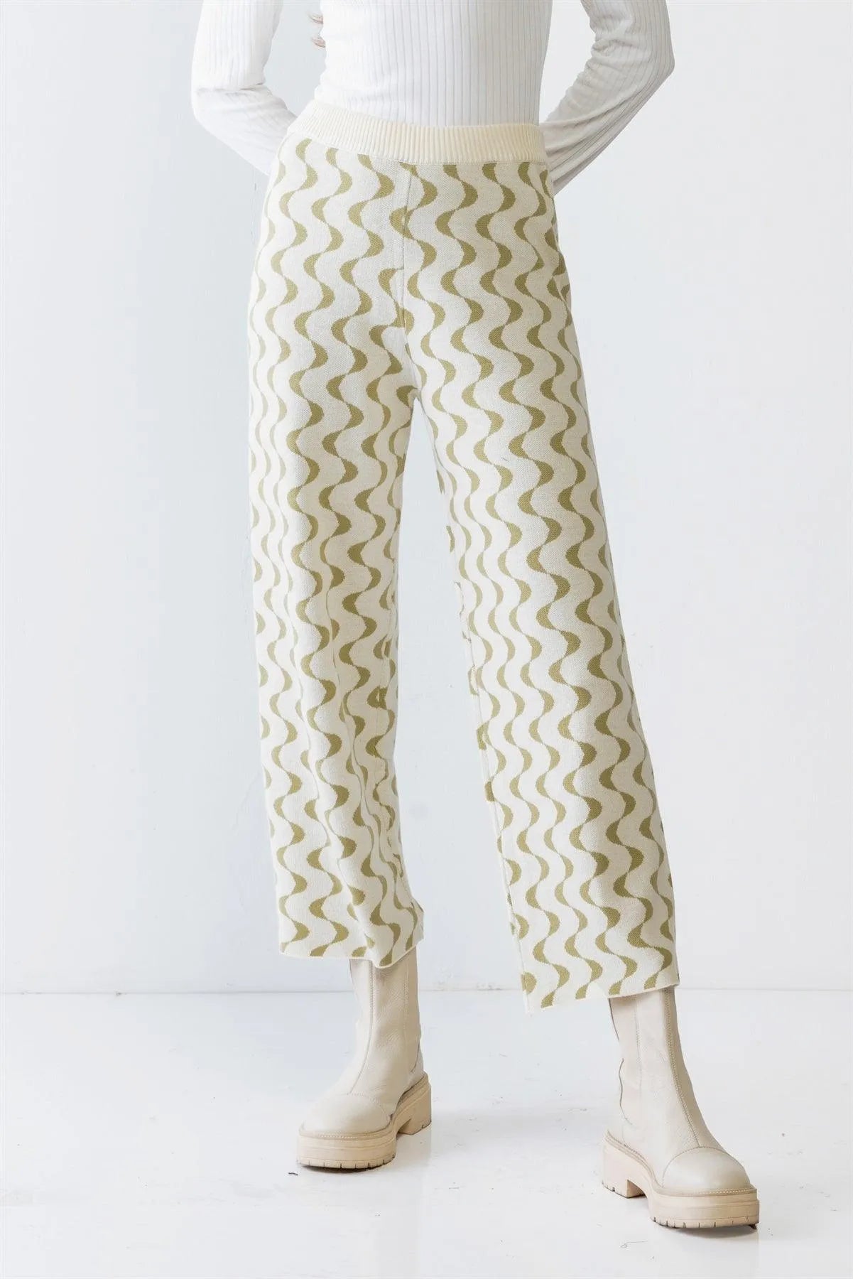 Cream & Green Wavy Line Print Knit High Waist Wide Leg Pants