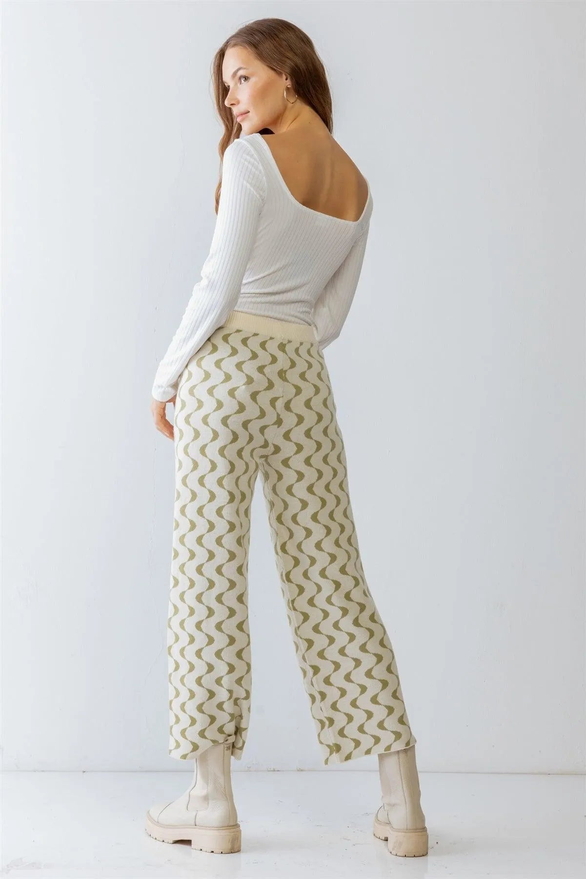 Cream & Green Wavy Line Print Knit High Waist Wide Leg Pants