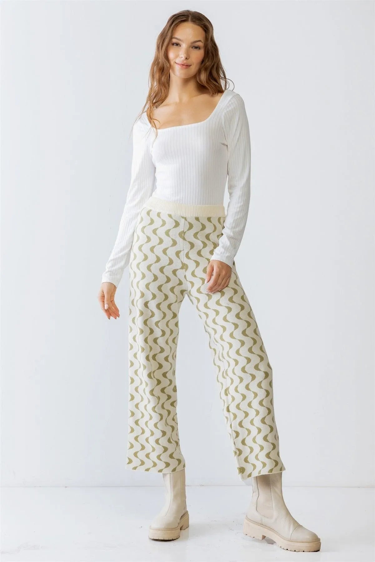 Cream & Green Wavy Line Print Knit High Waist Wide Leg Pants