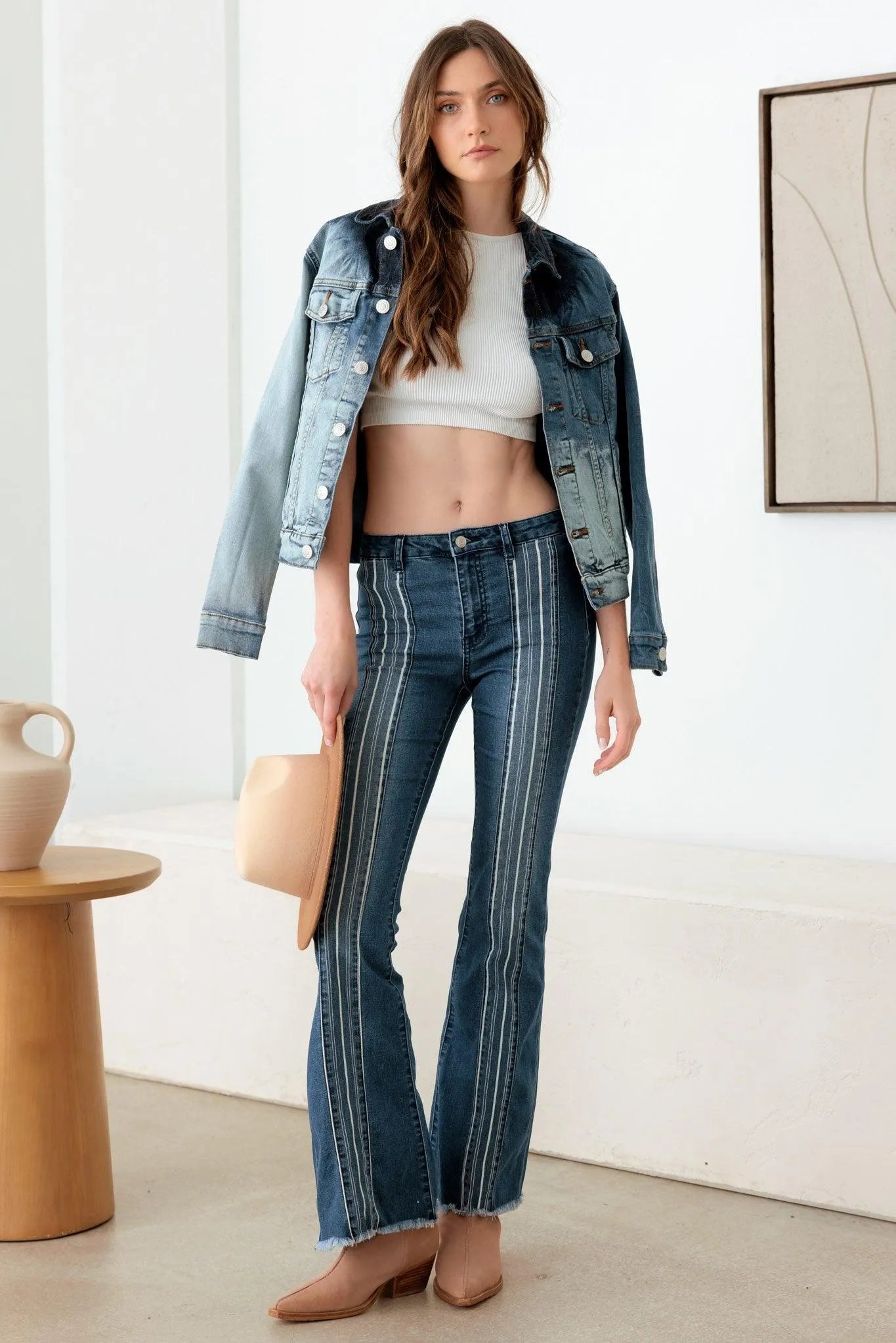 Blue Mid Rise Flare Jeans with Pin Stripes – Slim Retro Style