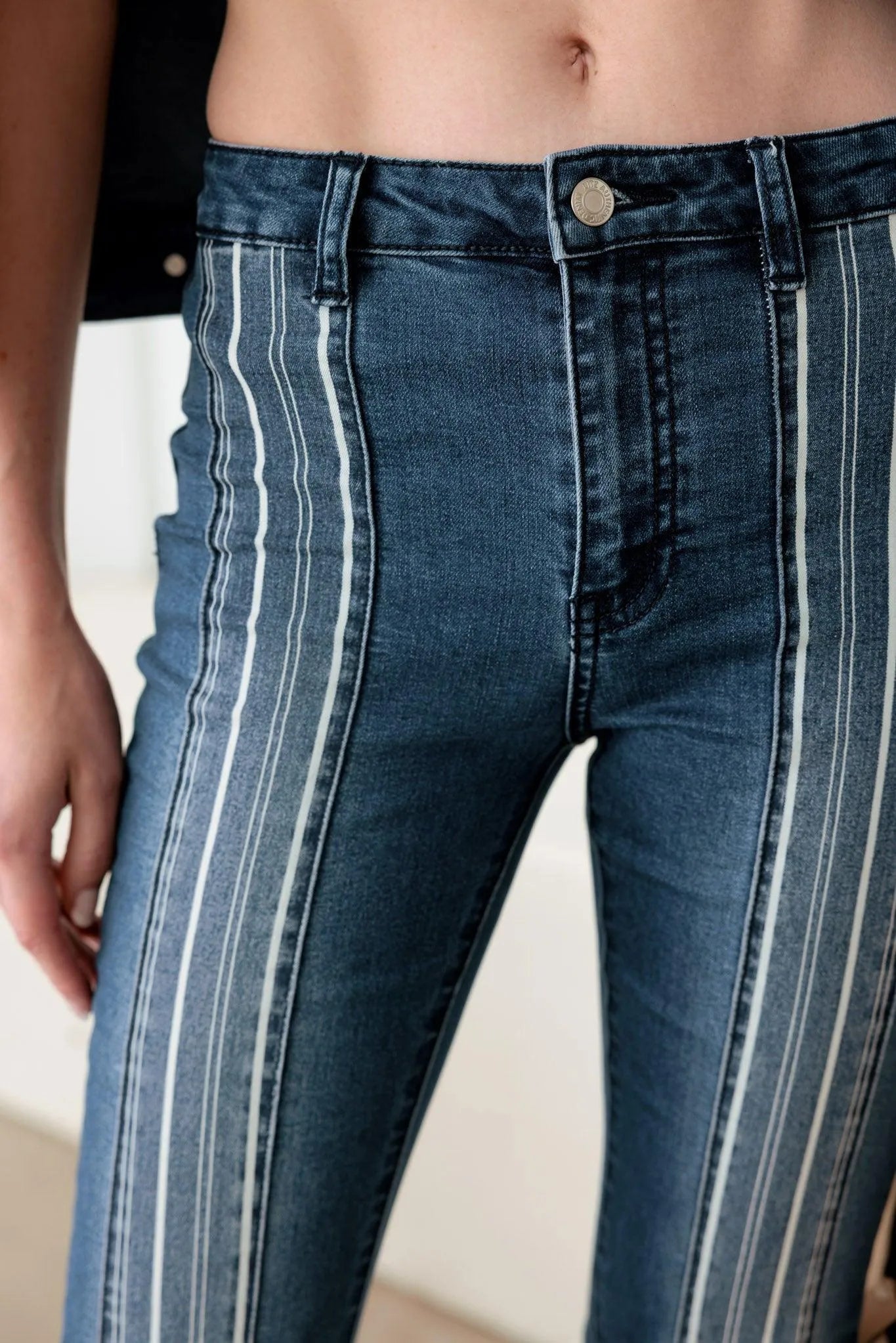 Blue Mid Rise Flare Jeans with Pin Stripes – Slim Retro Style