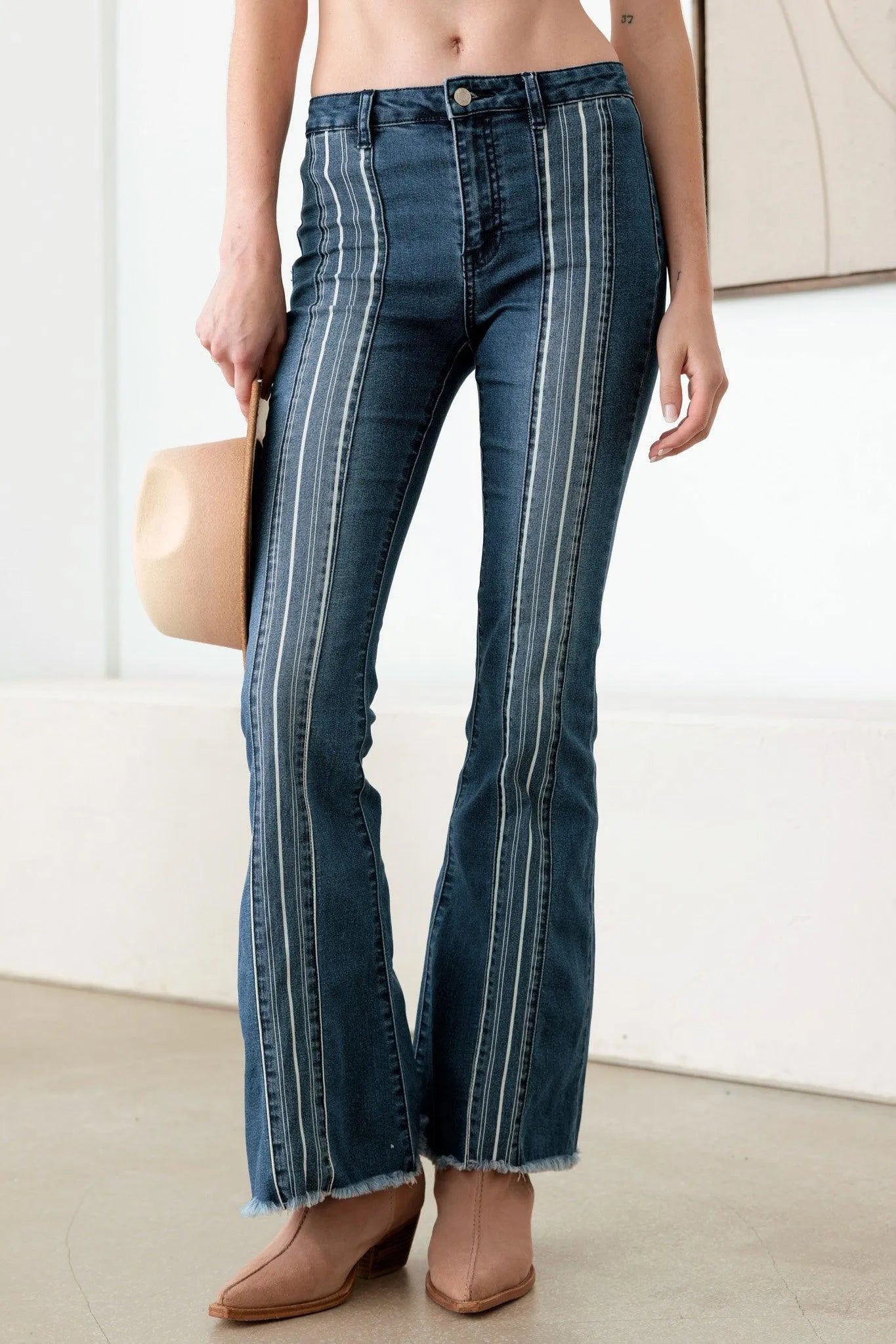 Blue Mid Rise Flare Jeans with Pin Stripes – Slim Retro Style