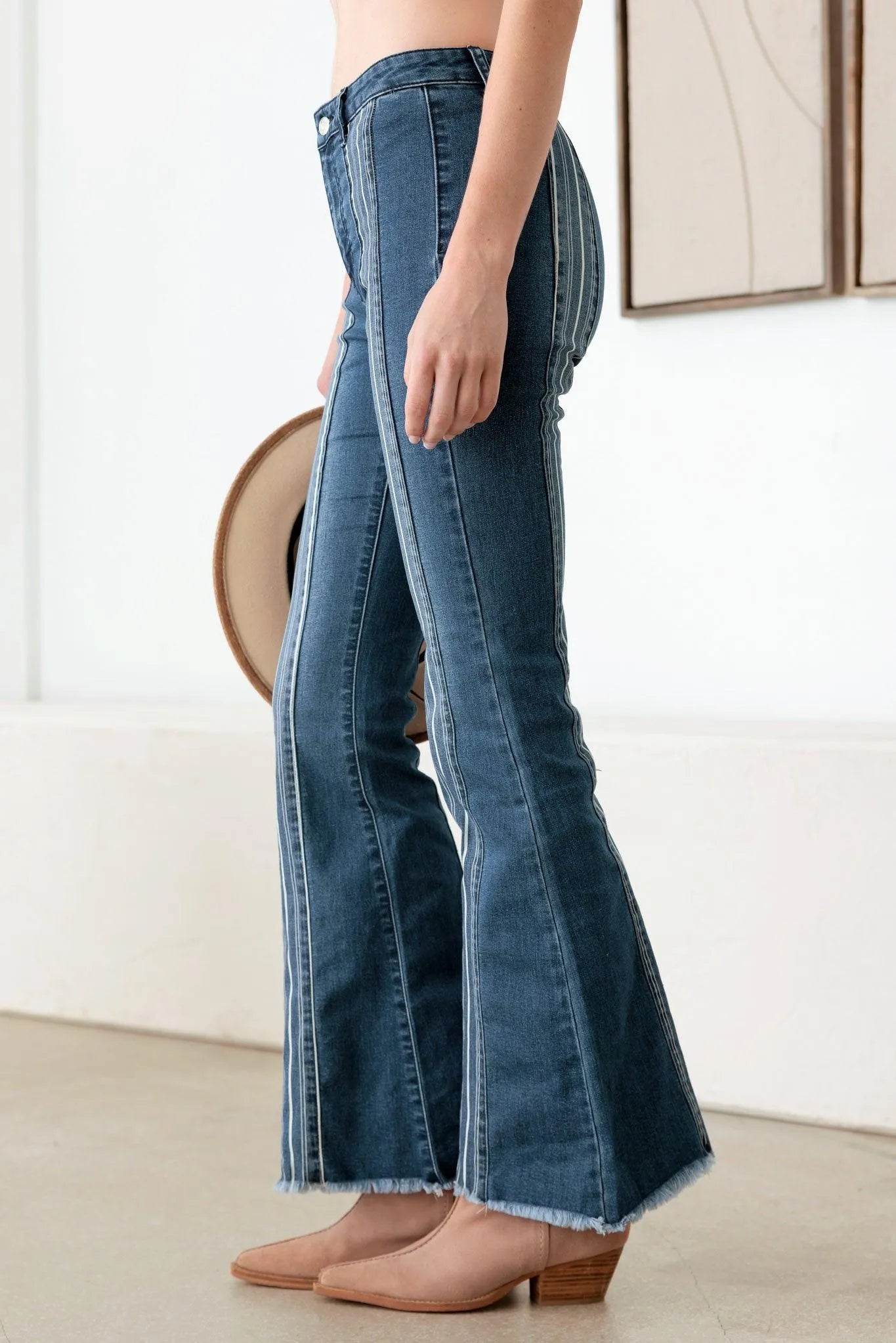 Blue Mid Rise Flare Jeans with Pin Stripes – Slim Retro Style