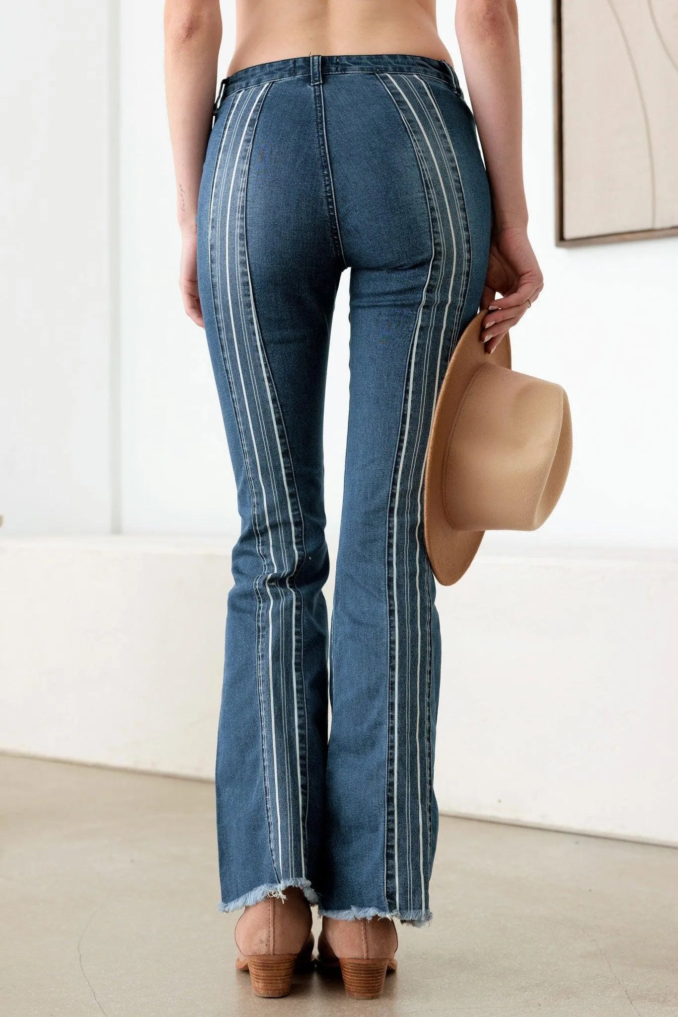 Blue Mid Rise Flare Jeans with Pin Stripes – Slim Retro Style