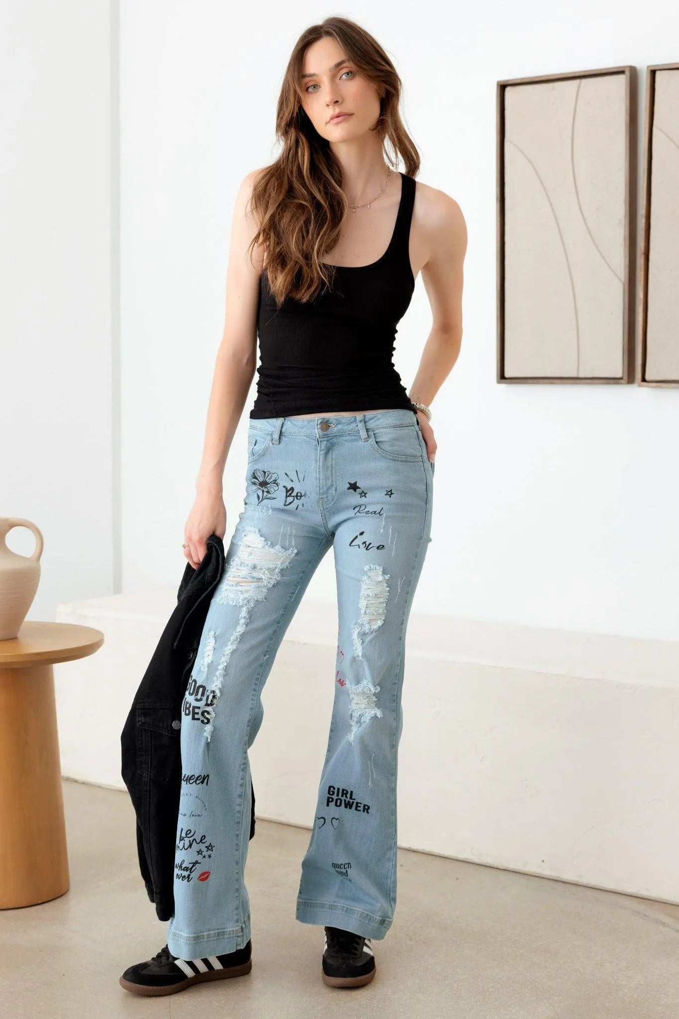 Blue Mid Waist Flare Jeans with Slogan Graphic Print – Statement Denim