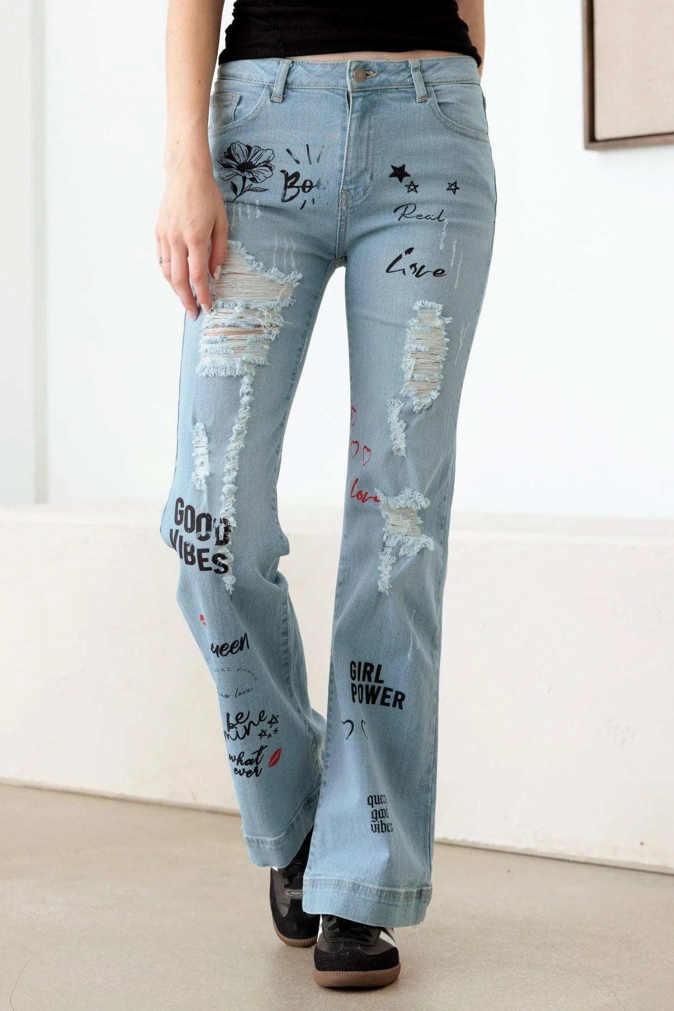 Blue Mid Waist Flare Jeans with Slogan Graphic Print – Statement Denim