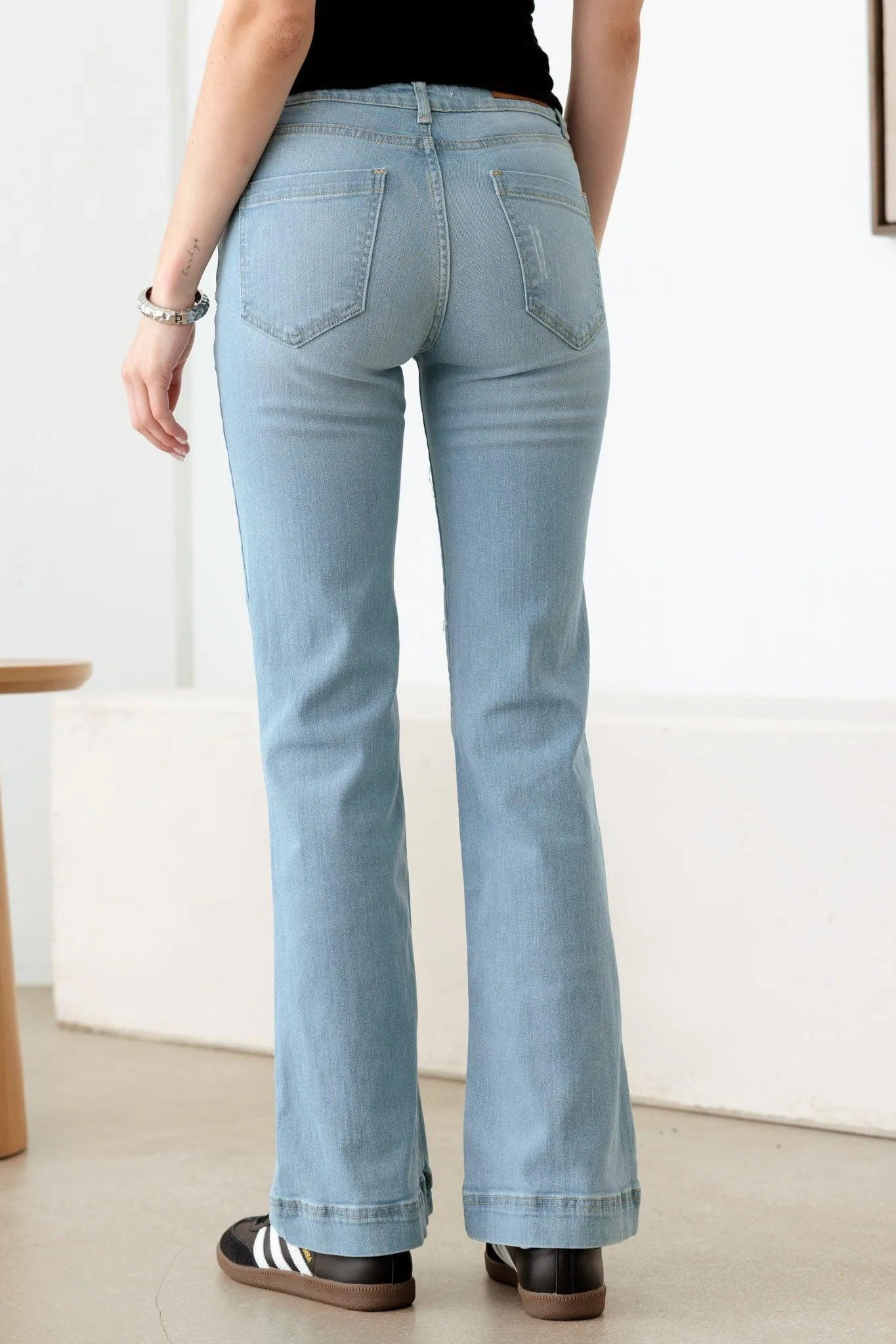 Blue Mid Waist Flare Jeans with Slogan Graphic Print – Statement Denim