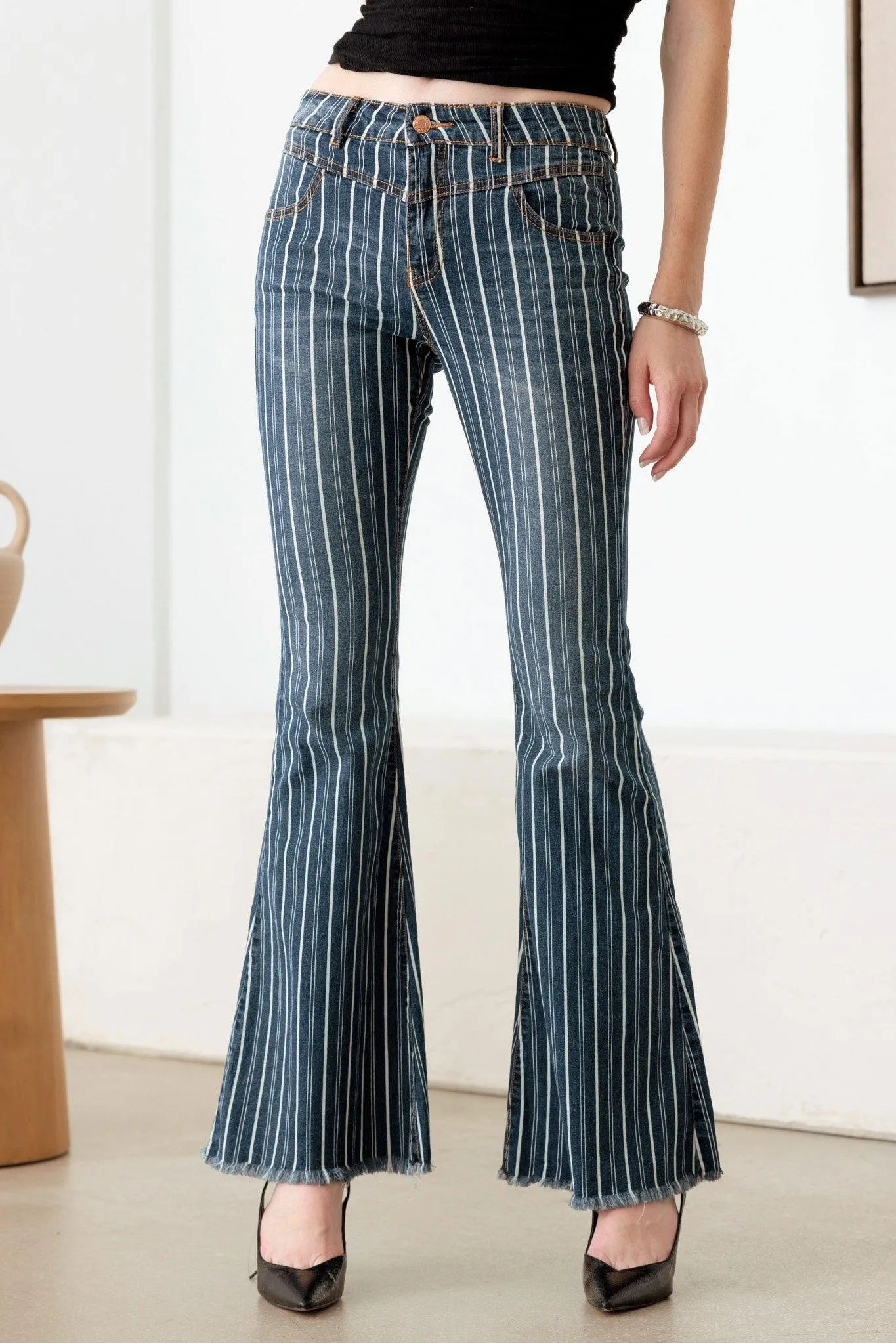 Mid Waist Striped Flare Denim Jeans – Casual Retro Style