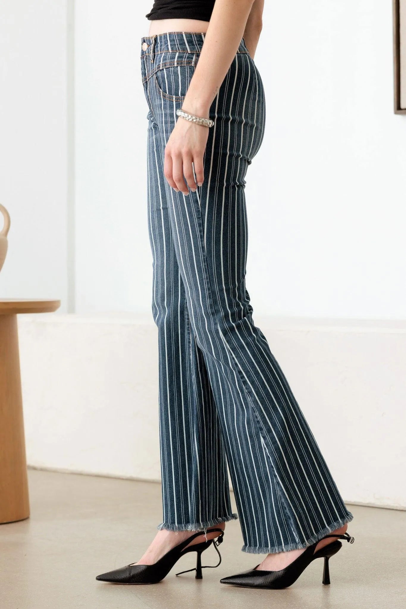 Mid Waist Striped Flare Denim Jeans – Casual Retro Style