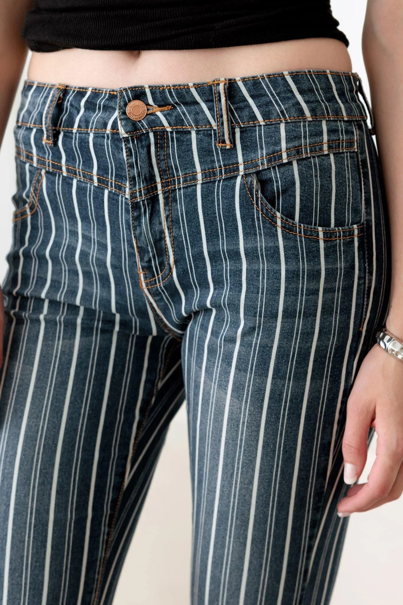 Mid Waist Striped Flare Denim Jeans – Casual Retro Style