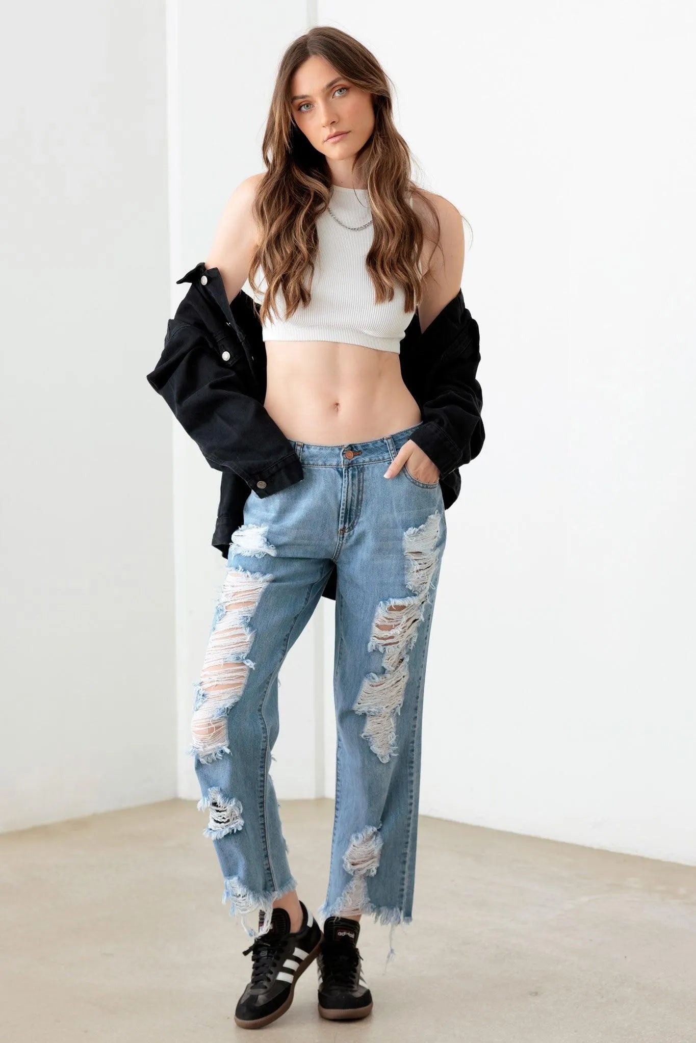 Blue Distressed Straight Leg Jeans – Back & Front Washed Vintage Look