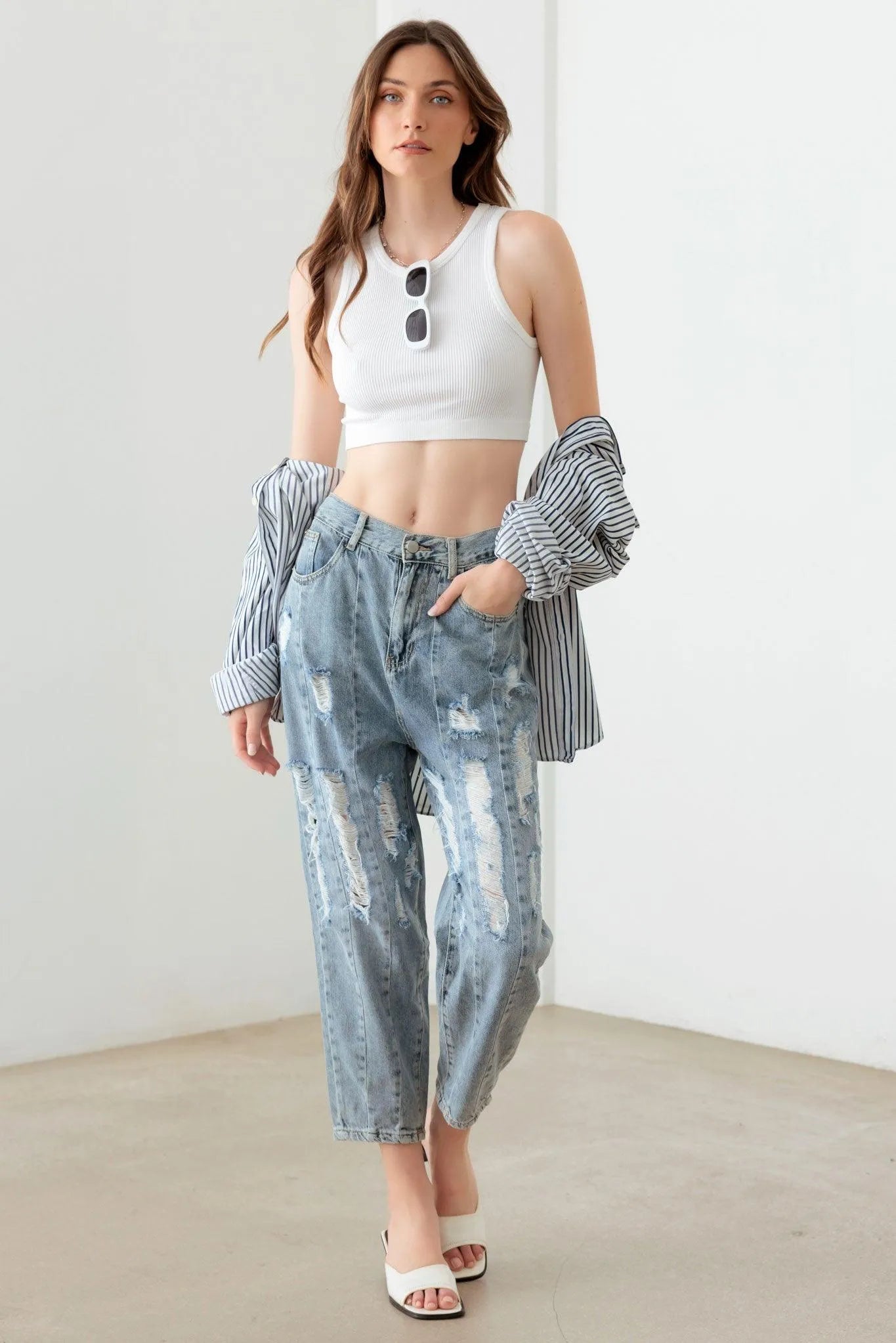 Light Blue High Waist Barrel Leg Distressed Jeans – Loose Fit Denim