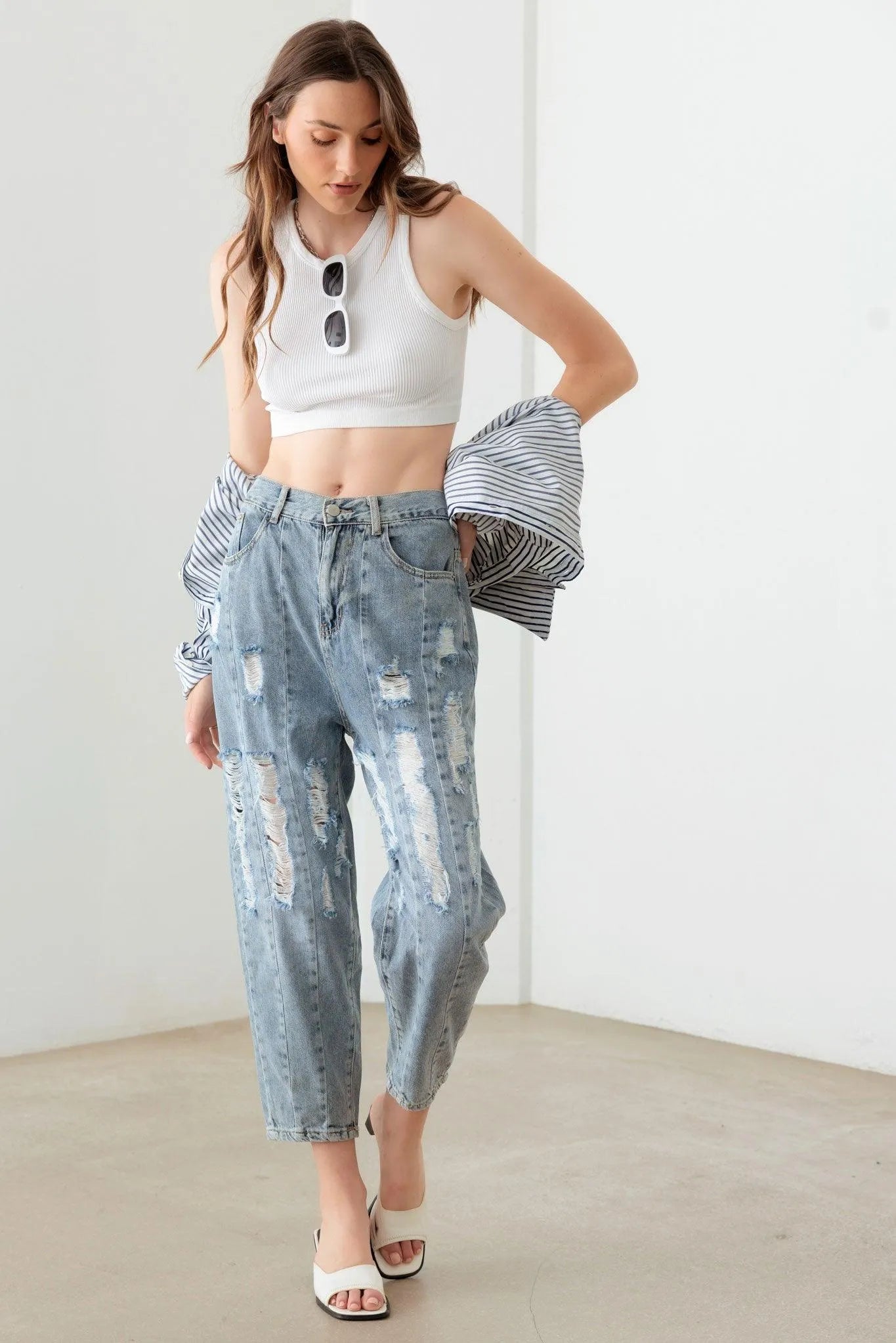 Light Blue High Waist Barrel Leg Distressed Jeans – Loose Fit Denim