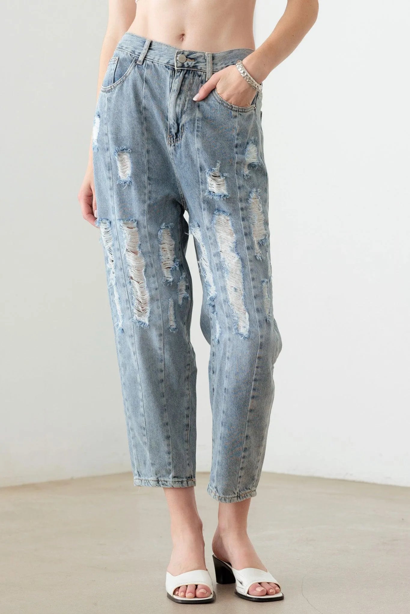 Light Blue High Waist Barrel Leg Distressed Jeans – Loose Fit Denim