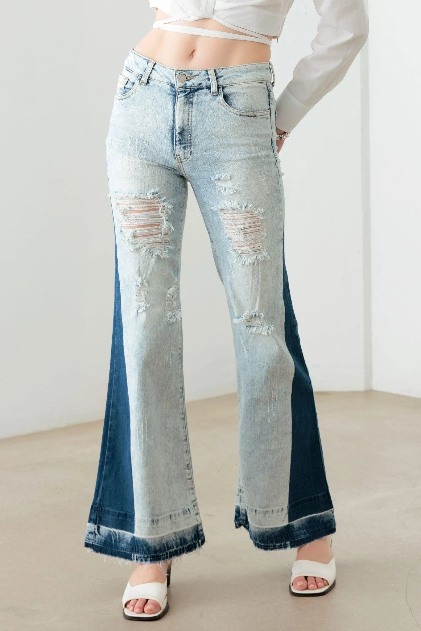 Two-Tone Acid Wash Flare Jeans – Unique Retro Chic