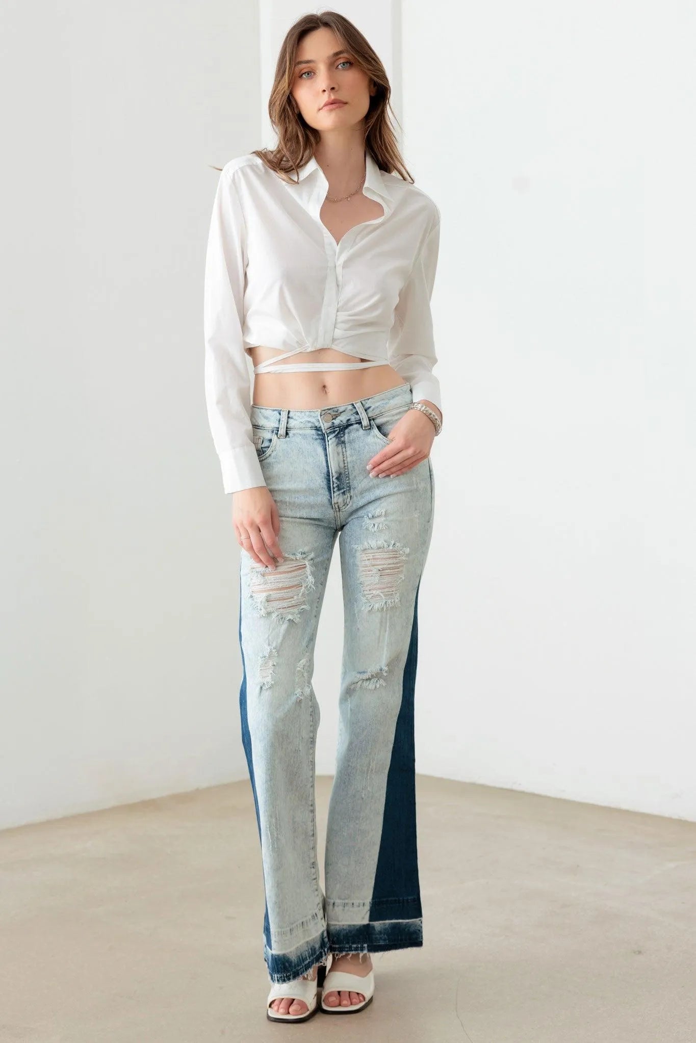 Two-Tone Acid Wash Flare Jeans – Unique Retro Chic