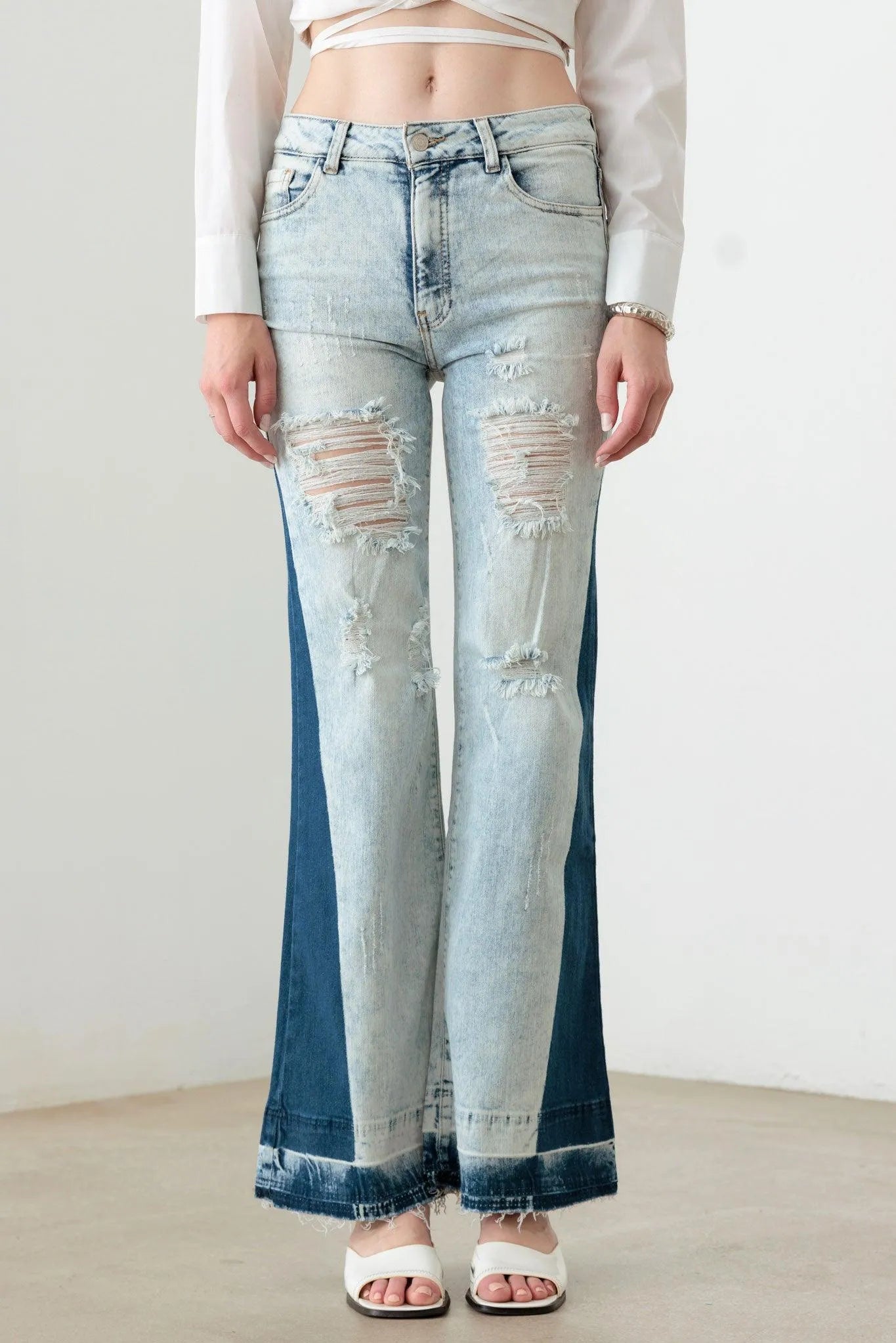 Two-Tone Acid Wash Flare Jeans – Unique Retro Chic