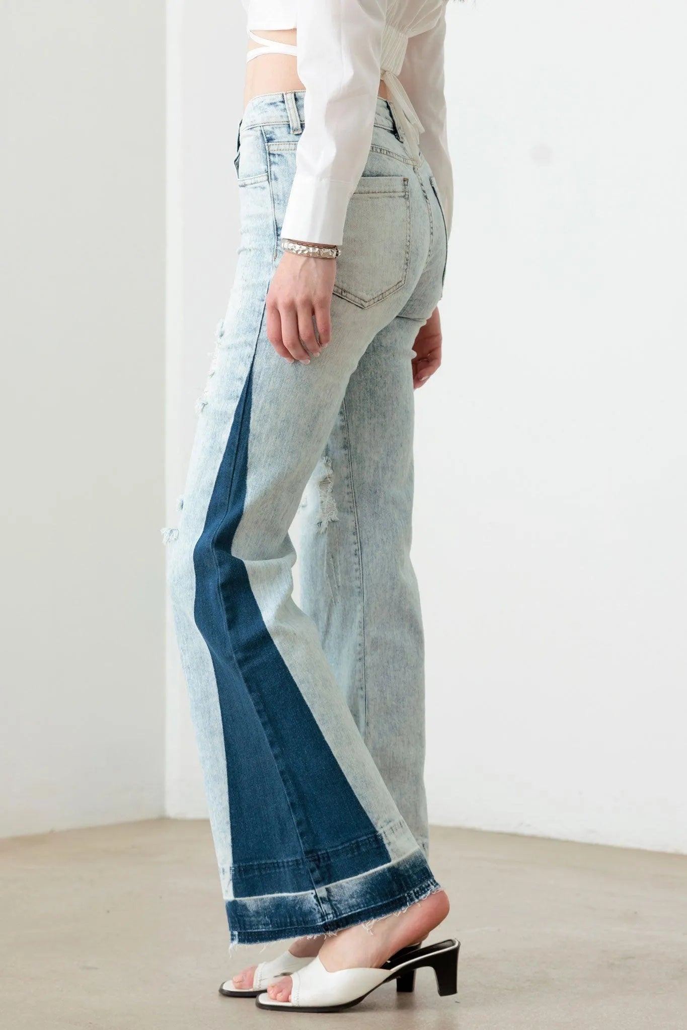 Two-Tone Acid Wash Flare Jeans – Unique Retro Chic