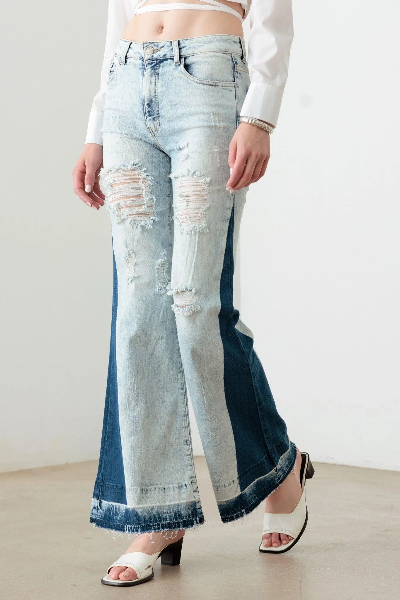 Two-Tone Acid Wash Flare Jeans – Unique Retro Chic