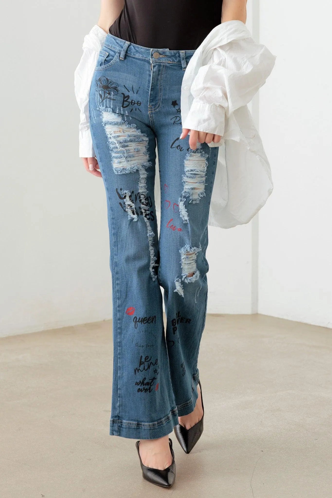 Blue Mid Waist Flare Jeans with Slogan Graphic Print – Statement Denim