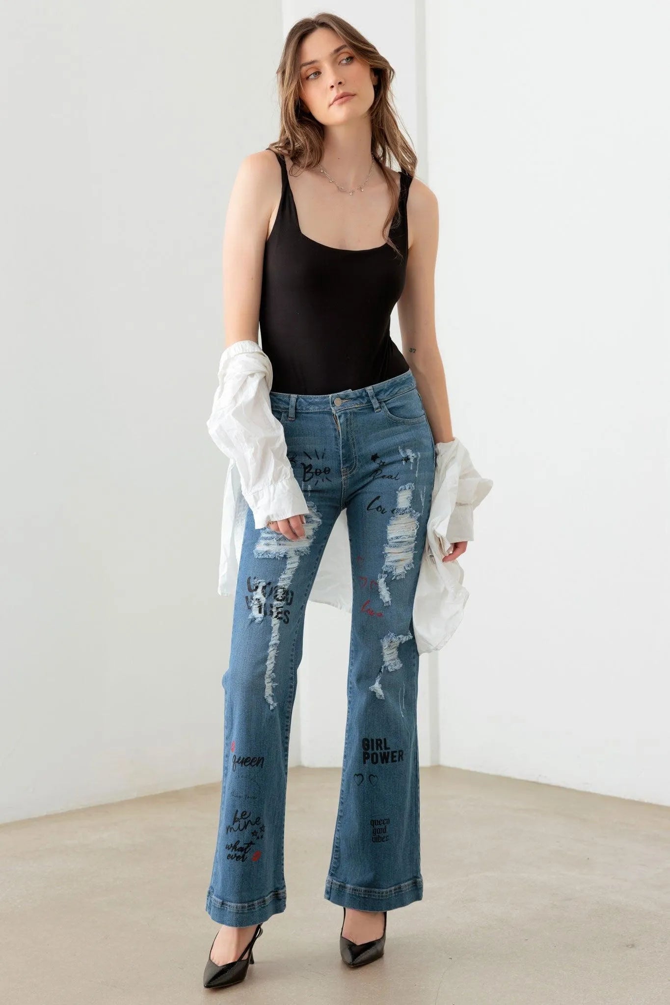 Blue Mid Waist Flare Jeans with Slogan Graphic Print – Statement Denim