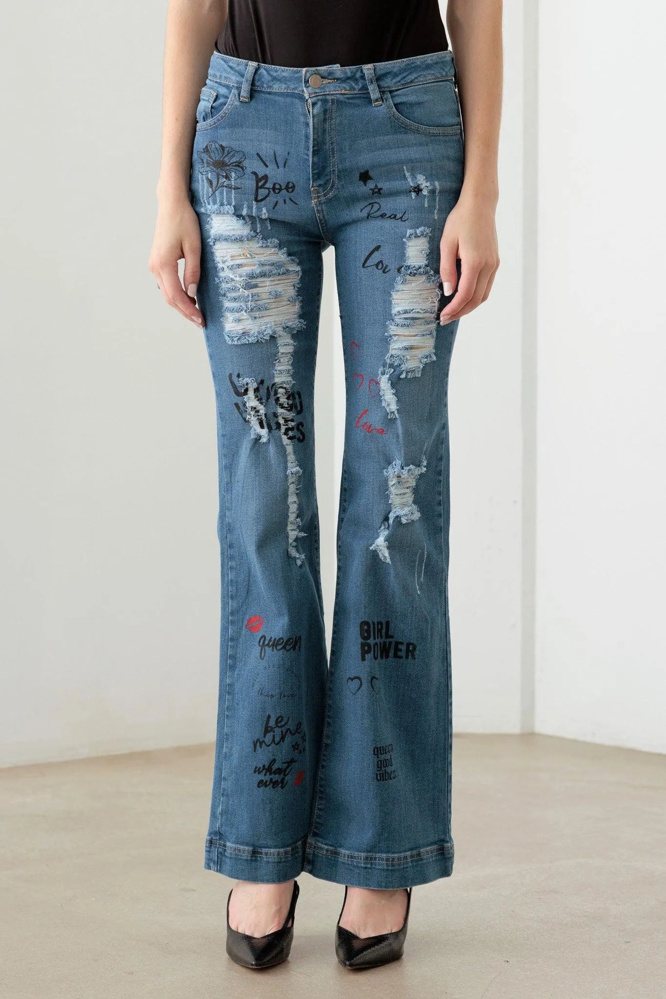 Blue Mid Waist Flare Jeans with Slogan Graphic Print – Statement Denim