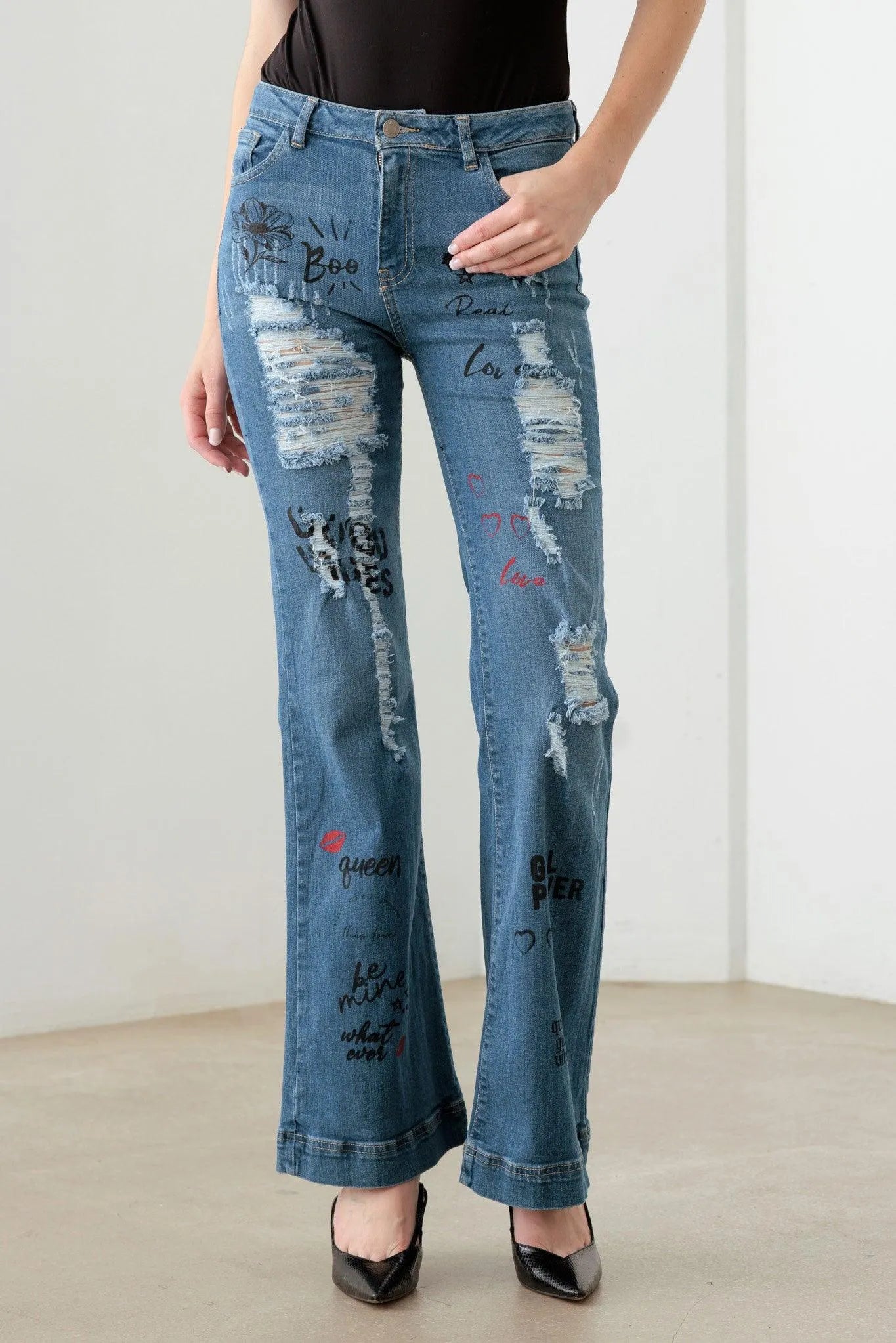 Blue Mid Waist Flare Jeans with Slogan Graphic Print – Statement Denim