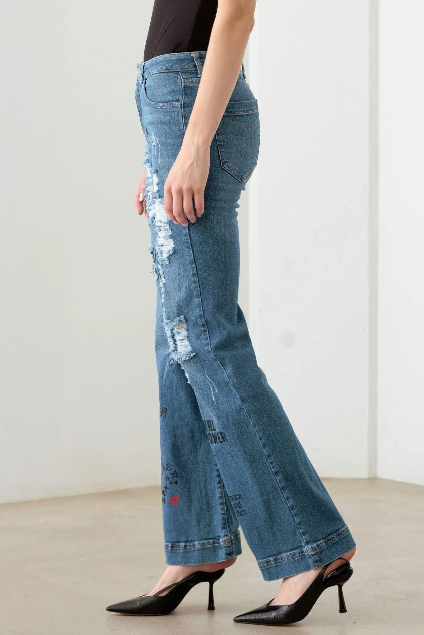 Blue Mid Waist Flare Jeans with Slogan Graphic Print – Statement Denim