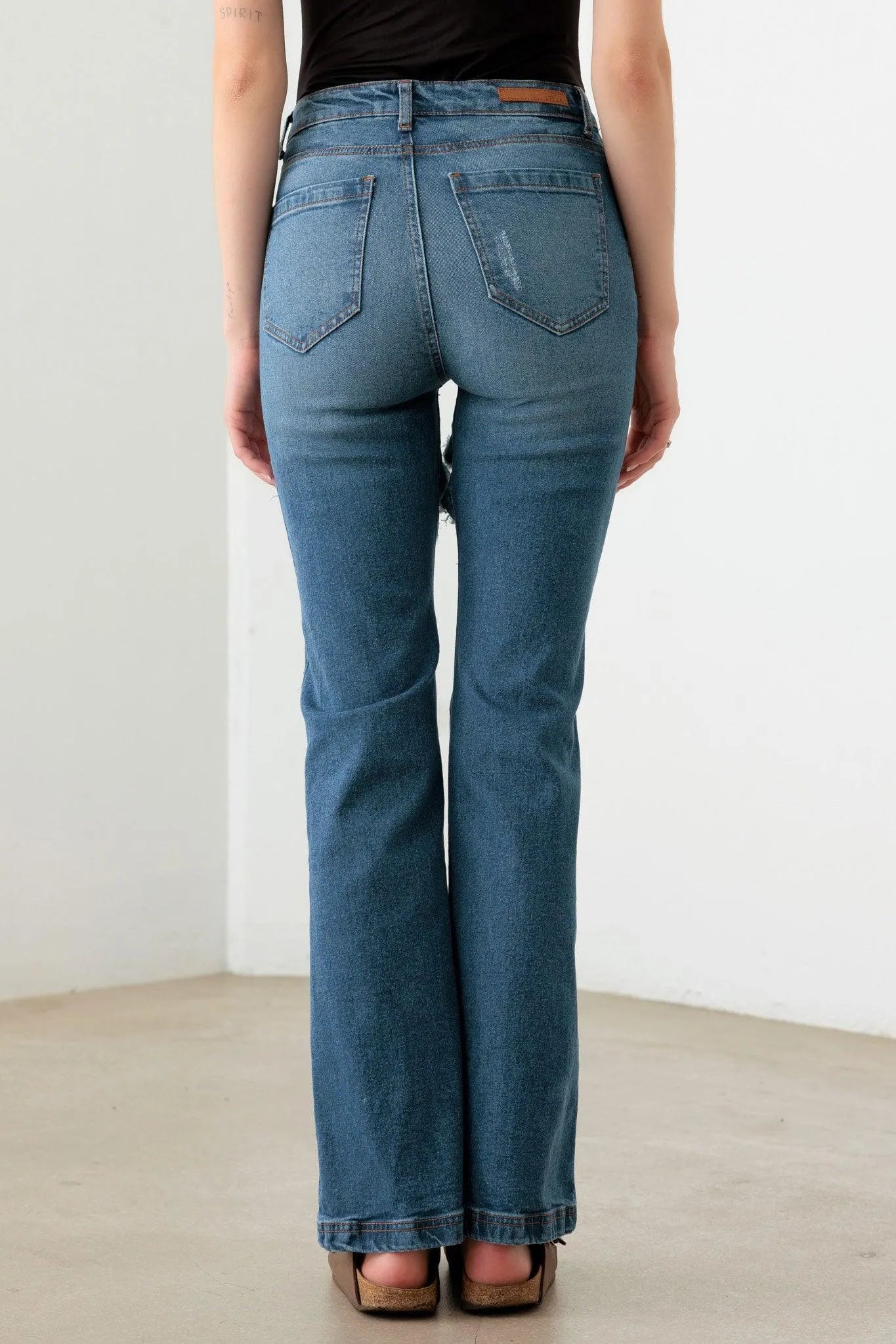 Blue Mid Waist Flare Jeans with Slogan Graphic Print – Statement Denim