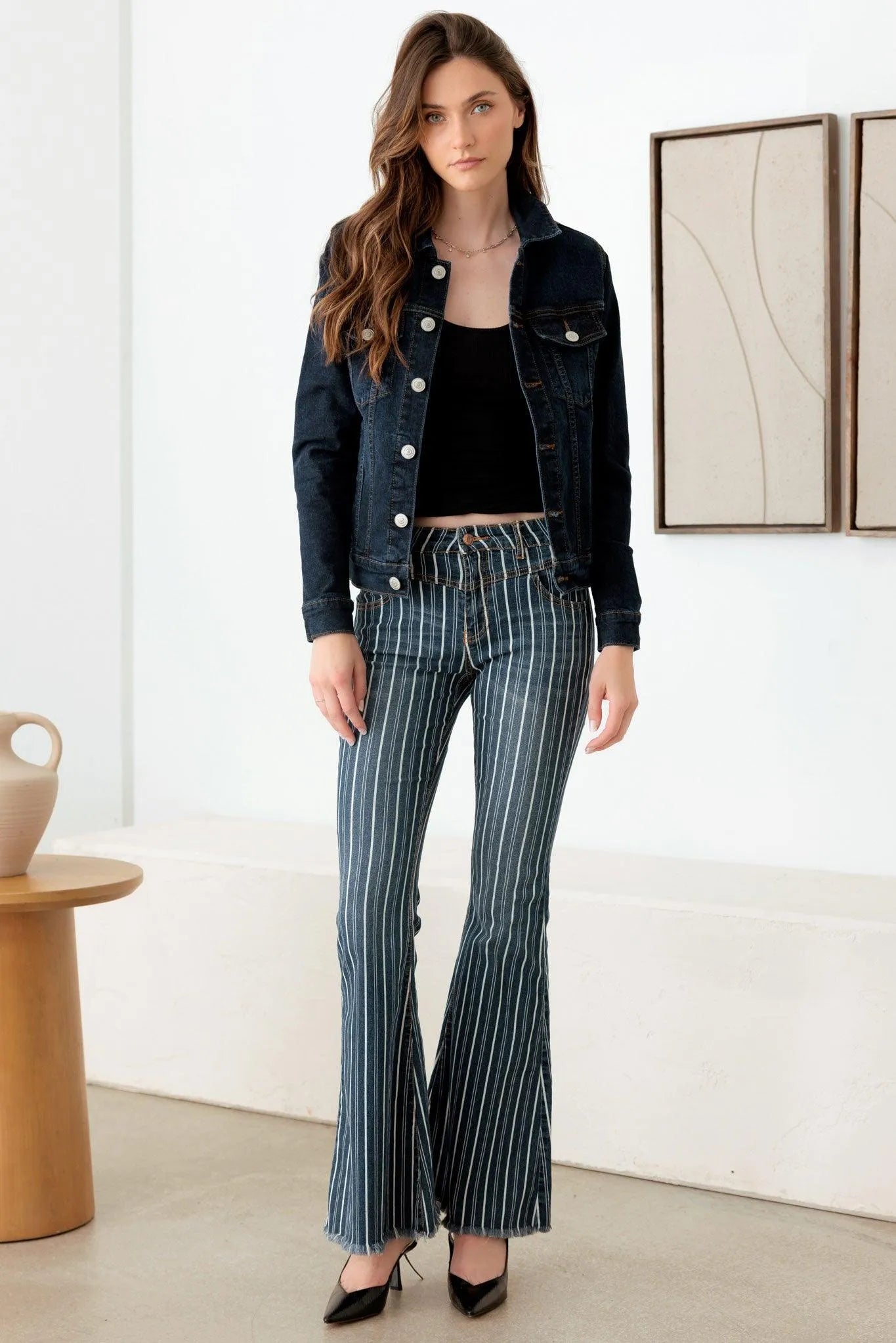 Mid Waist Striped Flare Denim Jeans – Casual Retro Style