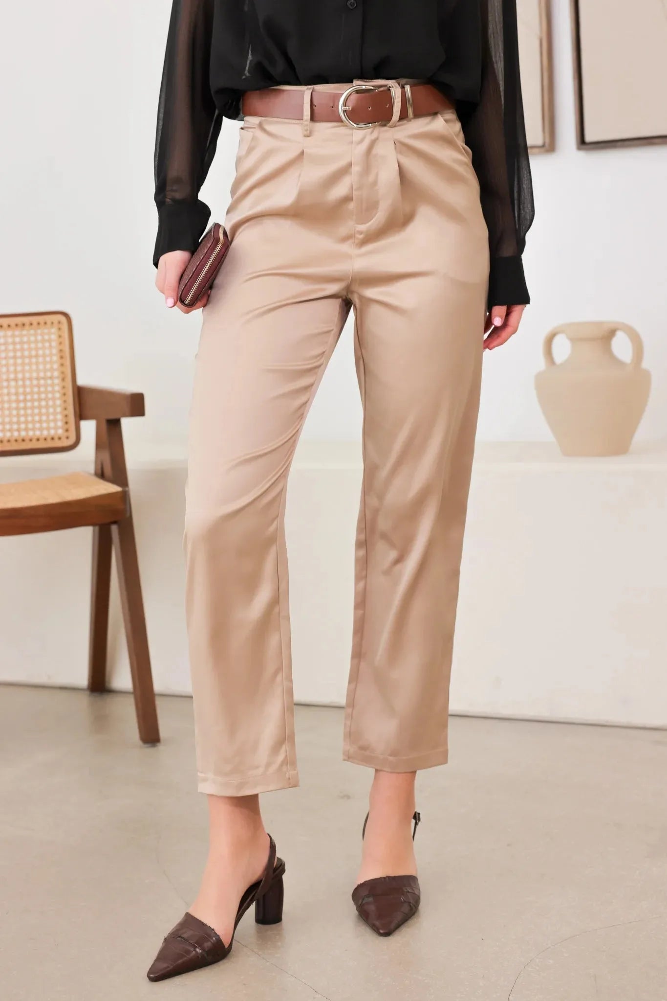 Satin Belted Taupe Crop Trousers – Elegant Dressy Style