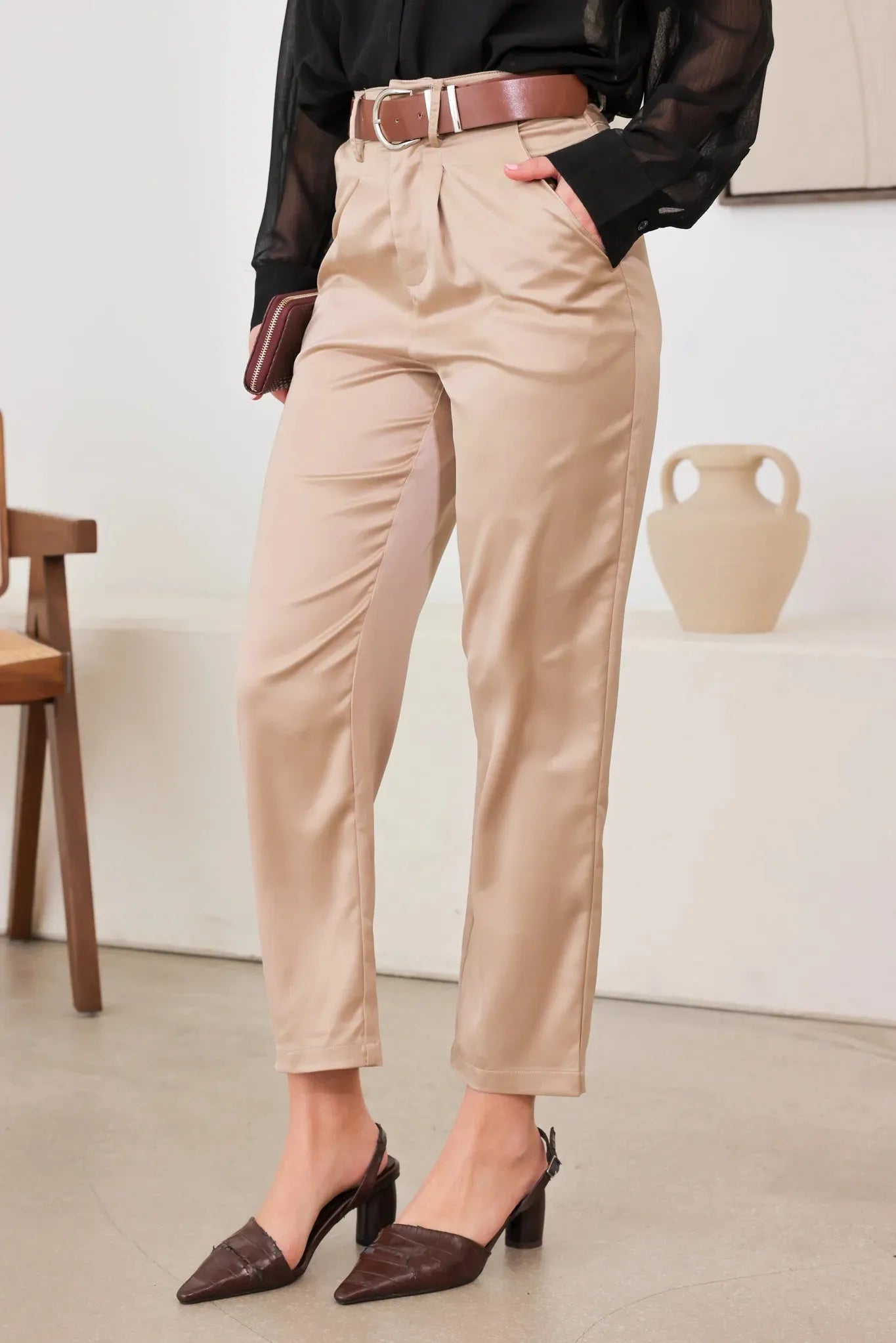 Satin Belted Taupe Crop Trousers – Elegant Dressy Style