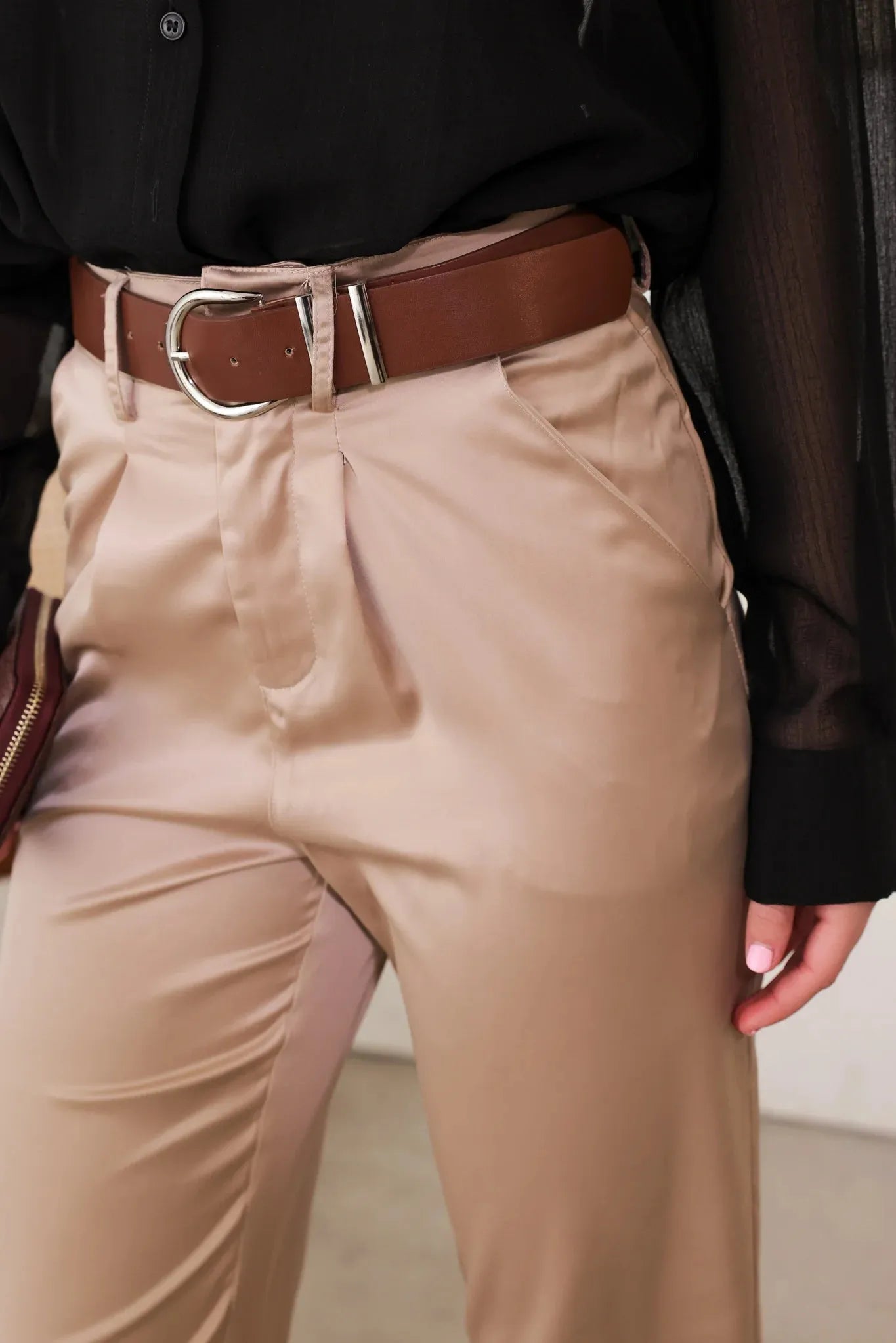 Satin Belted Taupe Crop Trousers – Elegant Dressy Style
