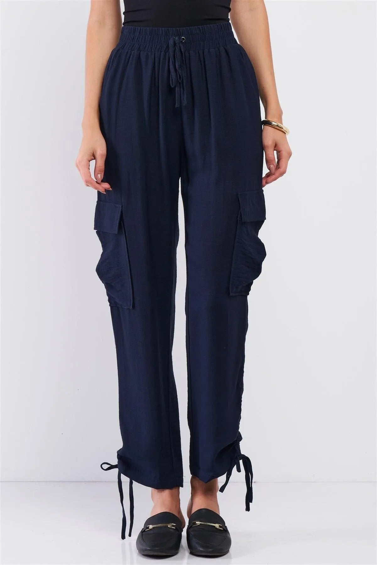 Navy High Waist Jogger Pants with Side Pockets & Drawstring Tie – Sporty Casual